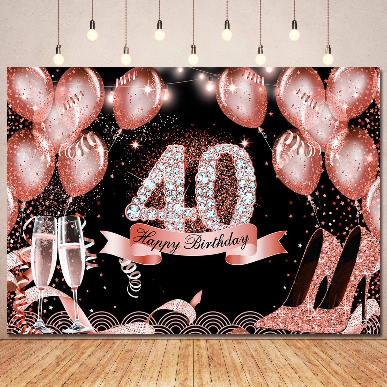 Ayayiya 40th Birthday Backdrop Banner Decorations for Women,Pink Happy 40th Birthday Backdrops Glitter Rose Gold Balloons Background for 40 & Fabulous Forty Years Bday Party Photo Booth Supplies 7x5ft