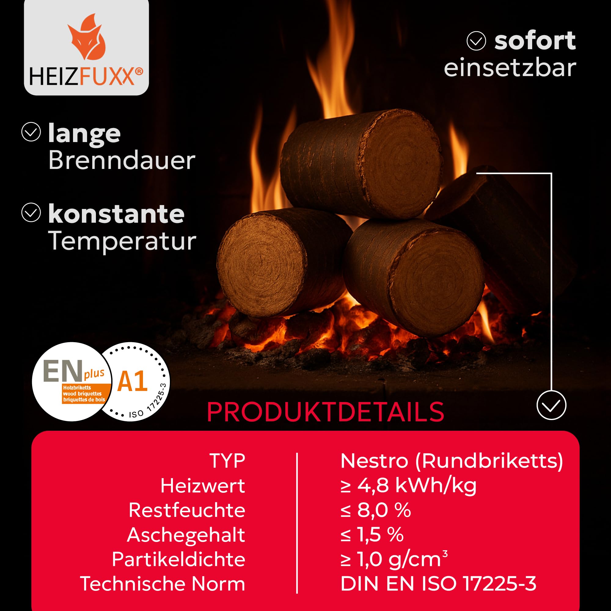 Holzbriketts Nestro XL Red - Hartholzbriketts Palette 960 kg (96x10 kg) - Premium Briketts für Kamin, Heizkessel & Ofen - Hoher Heizwert, geringer Aschegehalt & maximale Energieausbeute