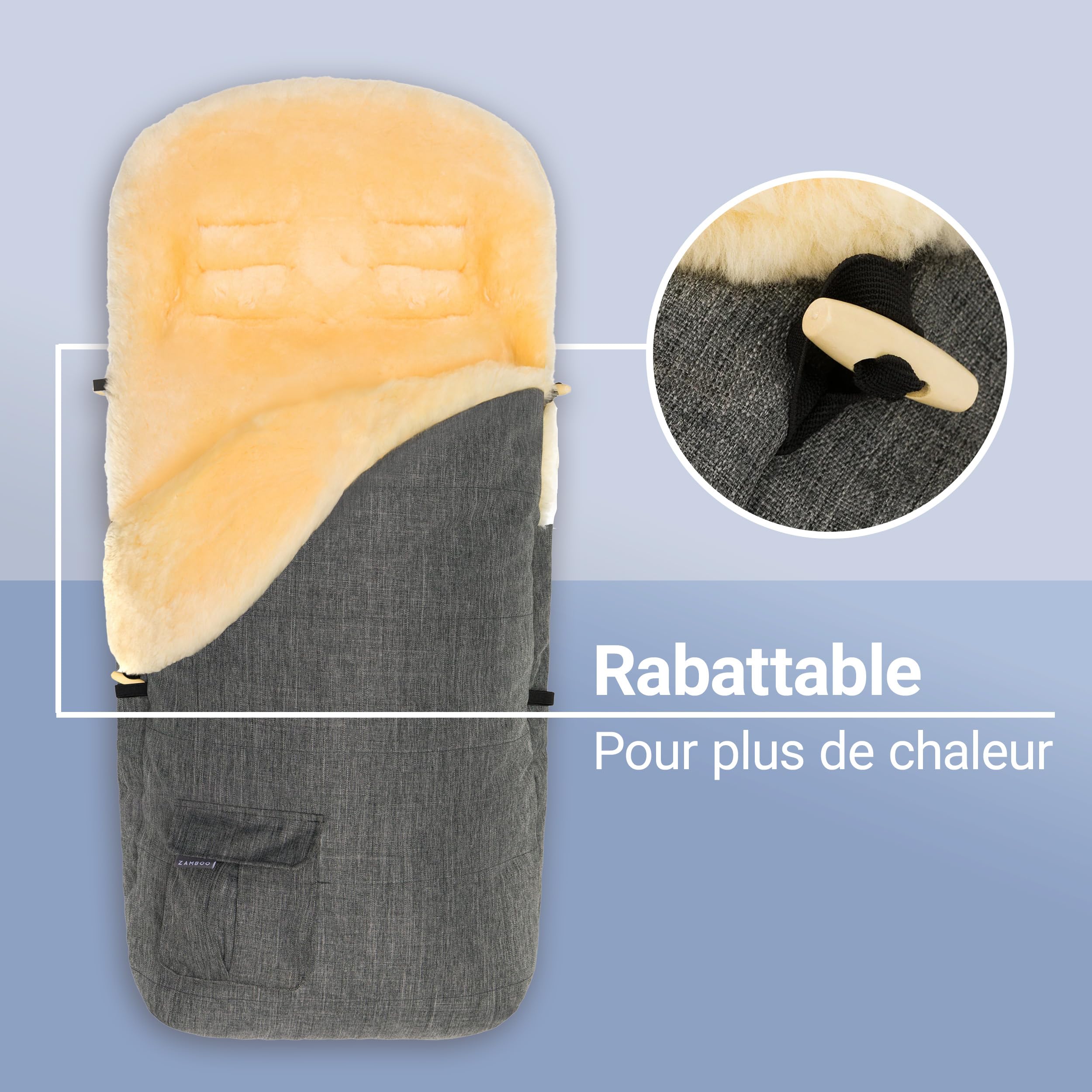Zamboo Chanceliere Universelle pour Poussette en Peau d'agneau, 2 en 1 Nid d'ange Bebe Hiver et Insert Siège Poussette en Laine de Mouton Mérinos Naturelle, Chaude et Respirante – Gris