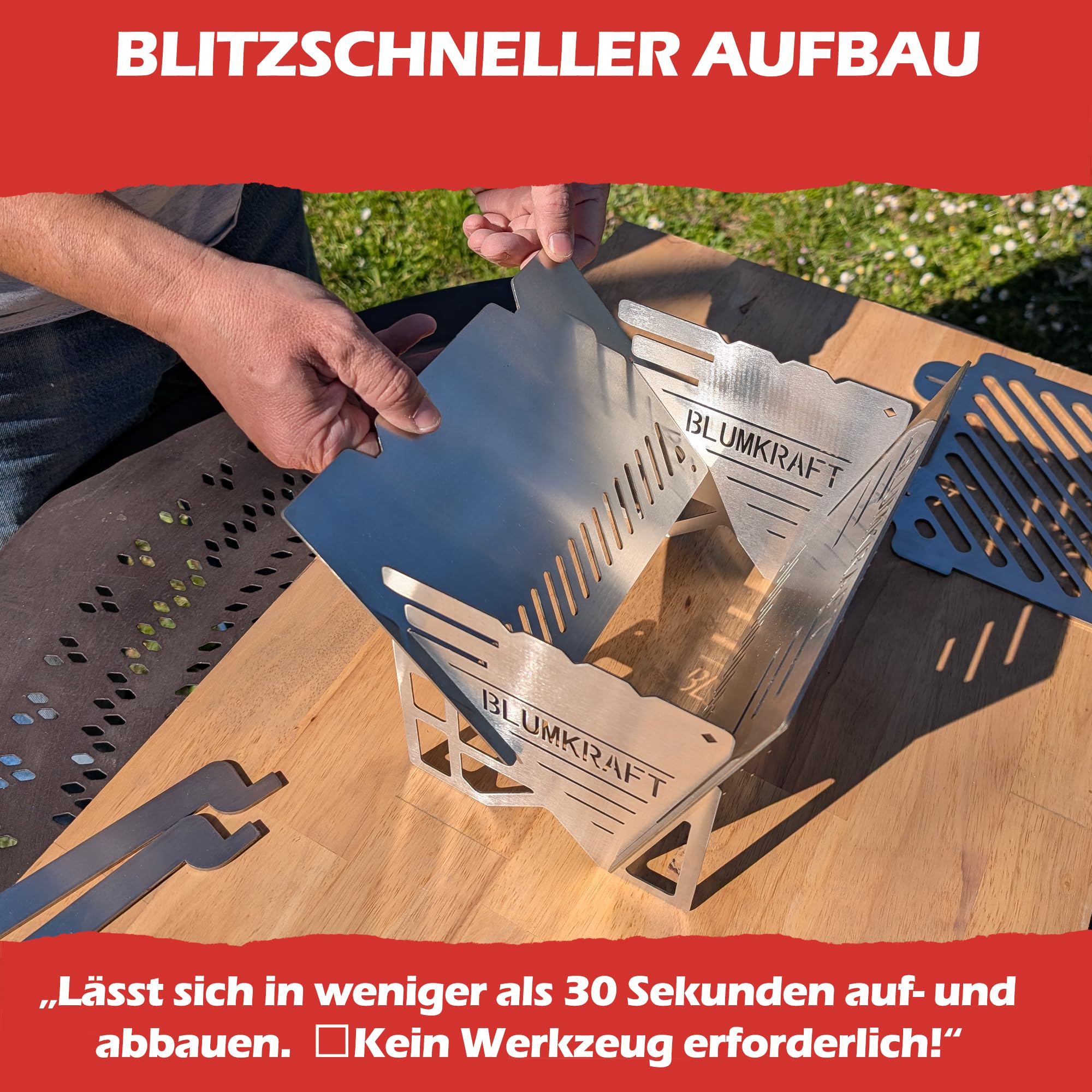 Faltbarer tragbarer Grill aus Edelstahl - ultrakompakter Holzkohlegrill - abnehmbar, Camping, Wandern, Van Life - kleiner Edelstahlgrill für 1 oder 2 Personen