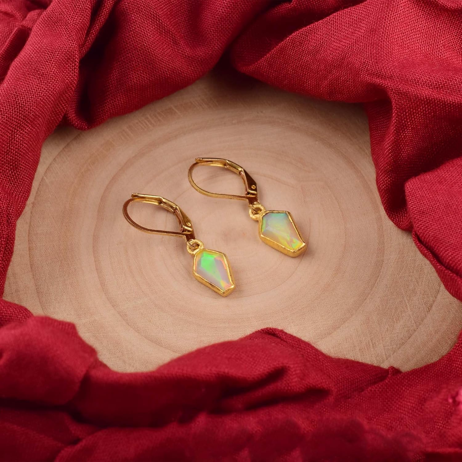 Natural Ethiopian Opal Coffin Earring, Bezel Dainty Simple Jewelry Gift for Her, Birthstone Energy Healing Stones - Image 2