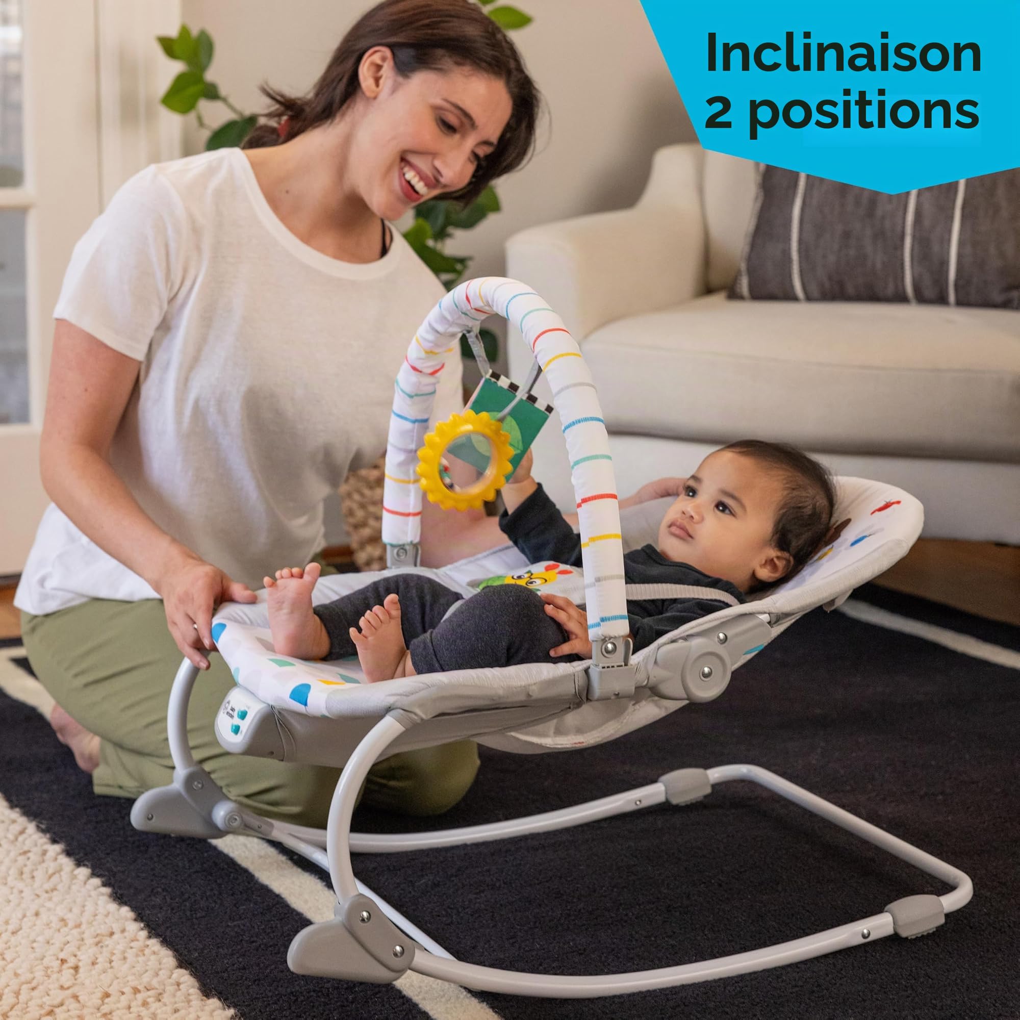 Baby Einstein, Transat Musical Dean's Discovery Spot, Transat 2-en-1 Bébé et Tout-Petit, Vibrations Apaisantes, Inclinaison 2 Positions, Jouets Amovibles, 0 Mois+, Max 18kg, 70x49x60 CM
