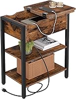 HOOBRO Narrow End Table with Charging Station, Flip Top Nightstand USB Ports & Outlets, Rustic Brown Side Table for Small Spaces BF341BZ01