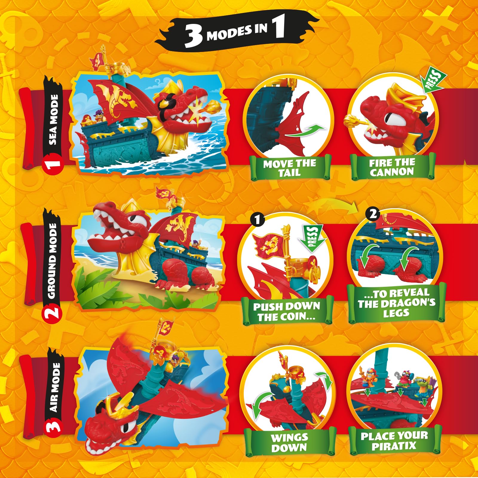 PIRATIX Dragon Ship – Piratix Dragon Nave All Terreno 3 in 1: Terra, Mare e Aria. Contiene 1 Nave Dragone, 1 Piratix Esclusivo, 1 Tesoro Esclusivo, 1 Bandiera e 1 proiettile