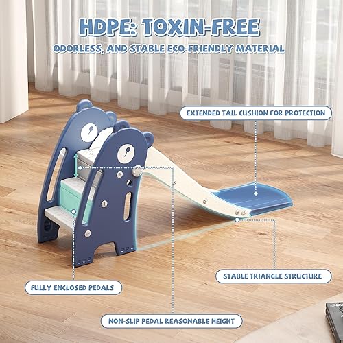 Miniatura 4 de Juego de toboganes para niños pequeños, independiente con pendiente larga, aro de baloncesto y bola, juguete de patio de juegos para interiores y