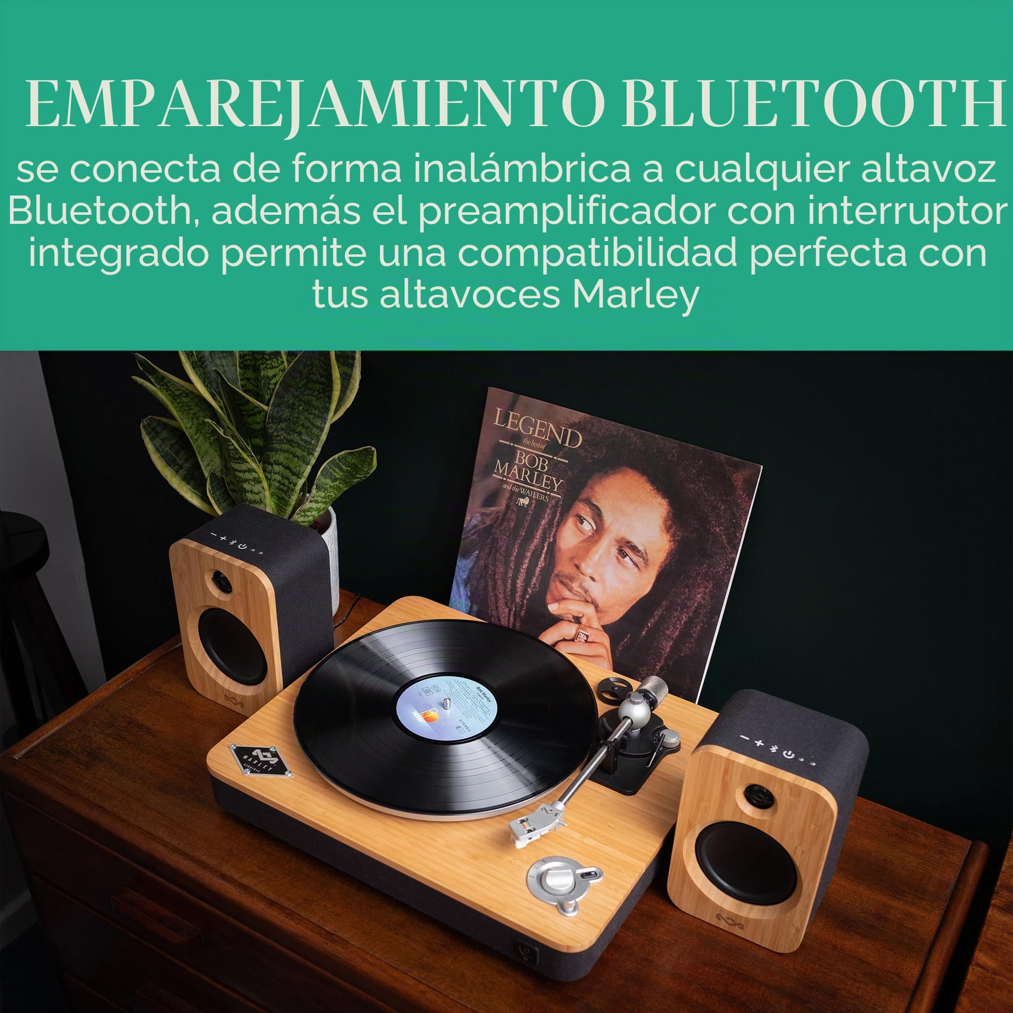 House of Marley Stir It Up Wireless Tocadiscos de Vinilo Bluetooth - Bambú | Reproductor de Vinilos de 2 Velocidades Producido Sosteniblemente, Cápsula de Audio-Technica