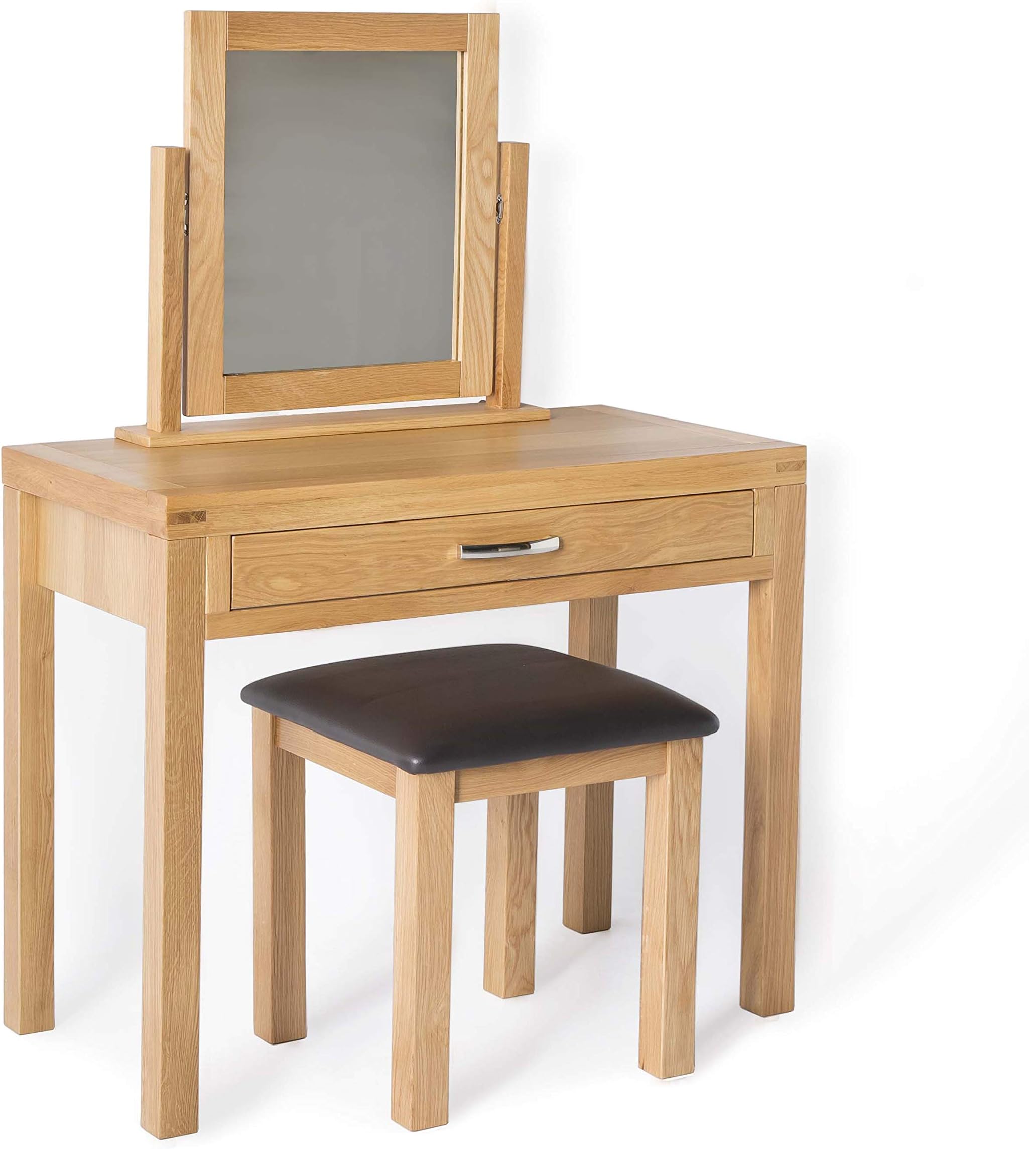 Abbey Light Oak Dressing Table Set with Swivel Mirror and Stool | Roseland Furniture Contemporary Solid Wooden Bedroom Makeup Vanity Desk for Adults & Girls
