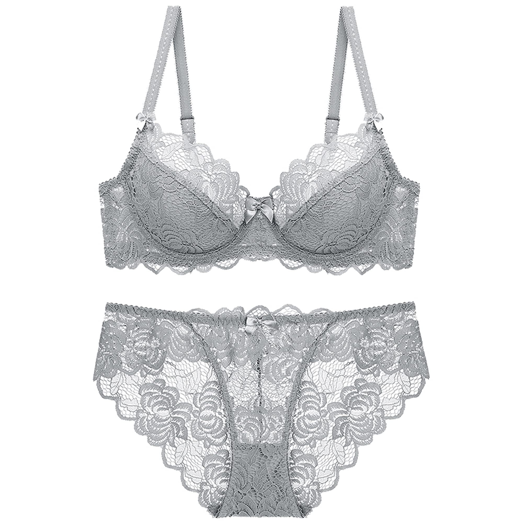 WENJUN Conjunto de sujetador y bragas de encaje sexy para mujer, con aros, no acolchado, para uso diario, conjunto de lencería con bordado push up (color gris, tamaño: 95D)