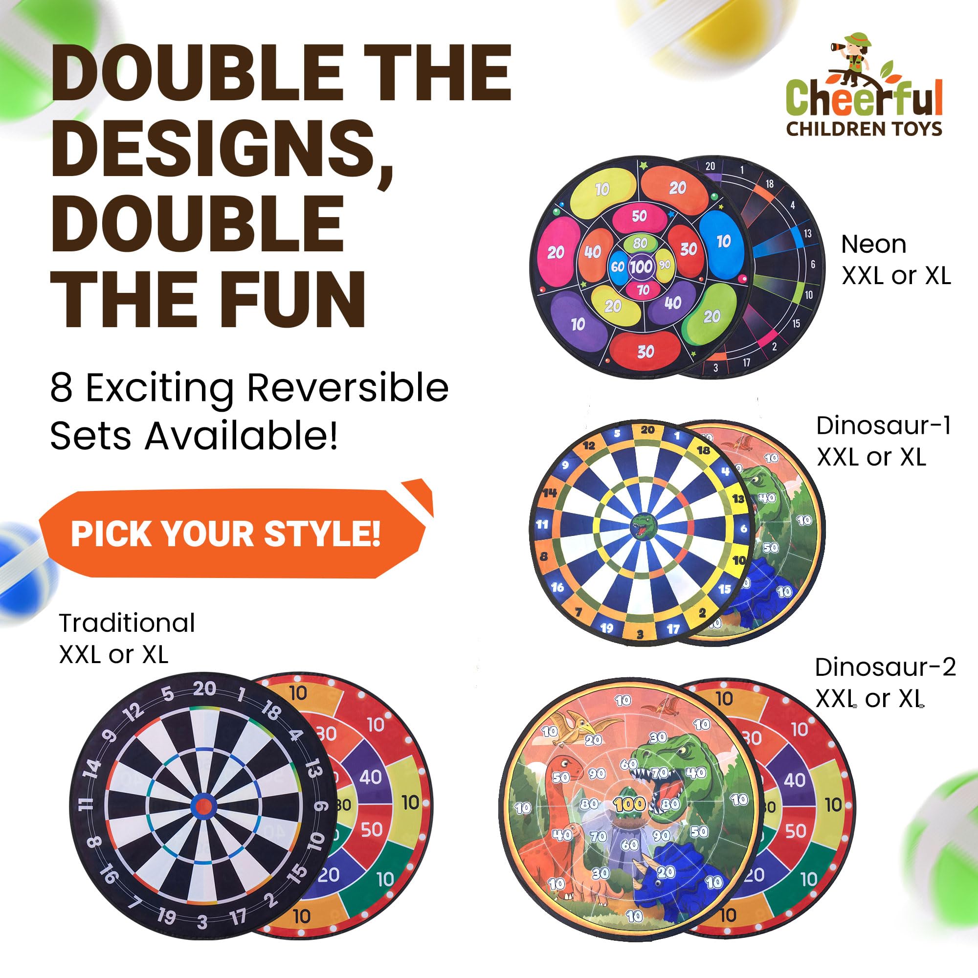Cheerful Children Toys Jumbo Kids Dart Board Set XL or XXL, Large Dart Board with Reversible Designs - Image 3