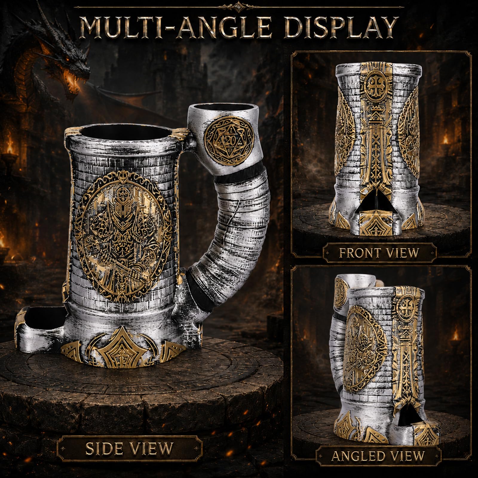 Tasse tour de dés, livrée avec un ensemble de 7 dés, convient pour les donjons et dragons DND, les jeux de table, disponible comme support de boisson, cadeaux D&D, accessoires DND (armure gris-doré)