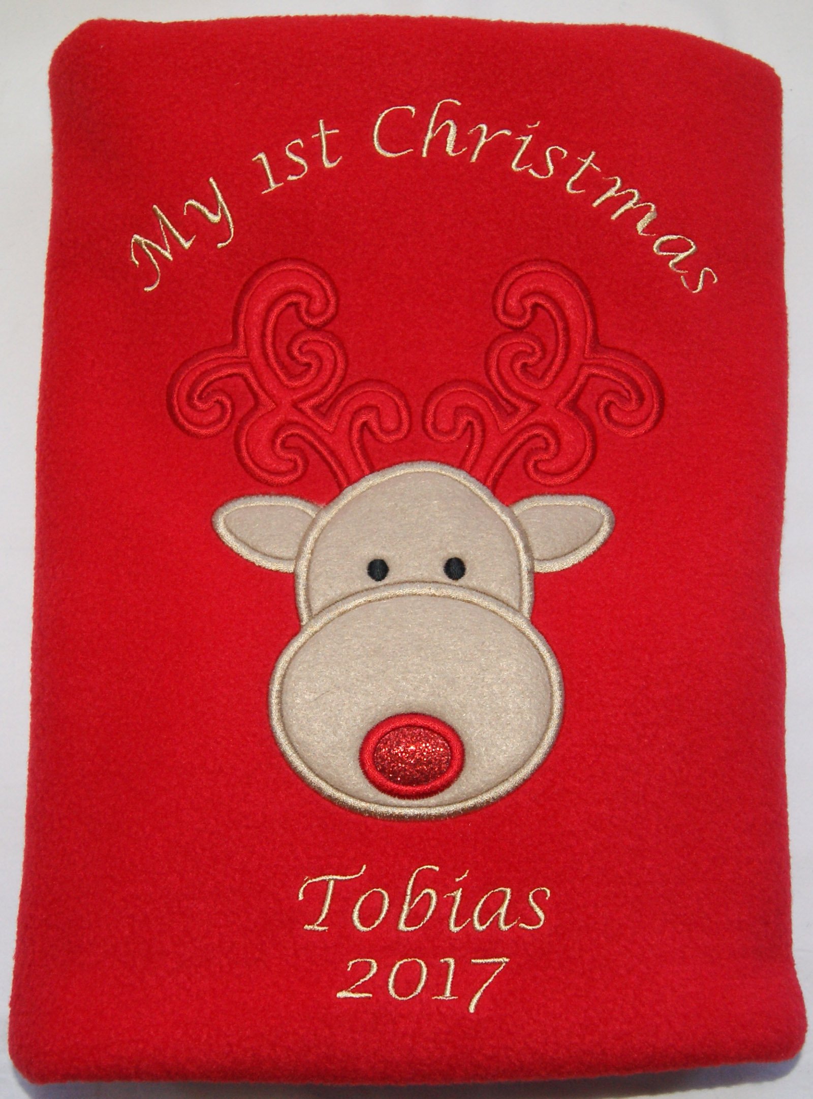 Sew Sew Special Red Personalised Baby 1St Christmas Reindeer Fleece Waffle Blanket (Red)