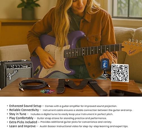 Miniatura 3 de Fender Squier Sonic Stratocaster - Paquete ultravioleta con amplificador, sintonizador, correa, cable, púas y DVD de guitarra Austin Bazaar
