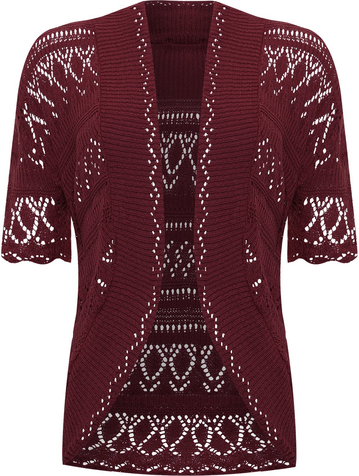 WearAll Women's Plus Knitted Crochet Short Sleeve Top Shrug Ladies Open Cardigan - Wine - 28-30
