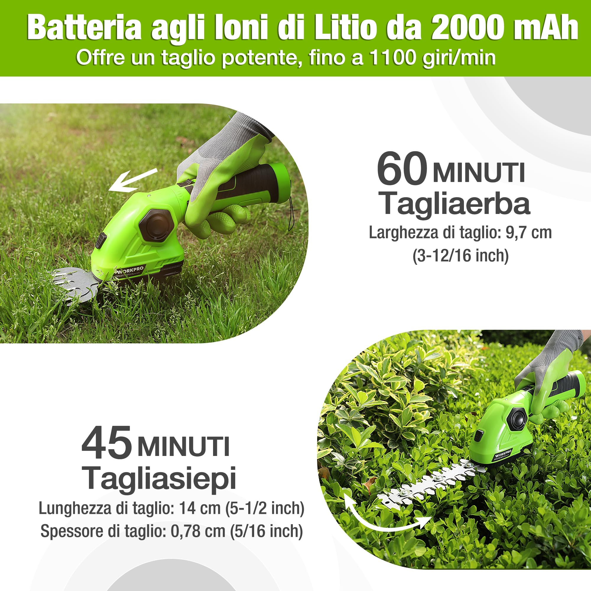 WORKPRO Forbici a Batteria 7,2V, Cesoia Elettrica a Batteria al Litio 2Ah, Larghezza di Taglio 97mm, Lunghezza di Taglio 140mm, Adatto al Giardino