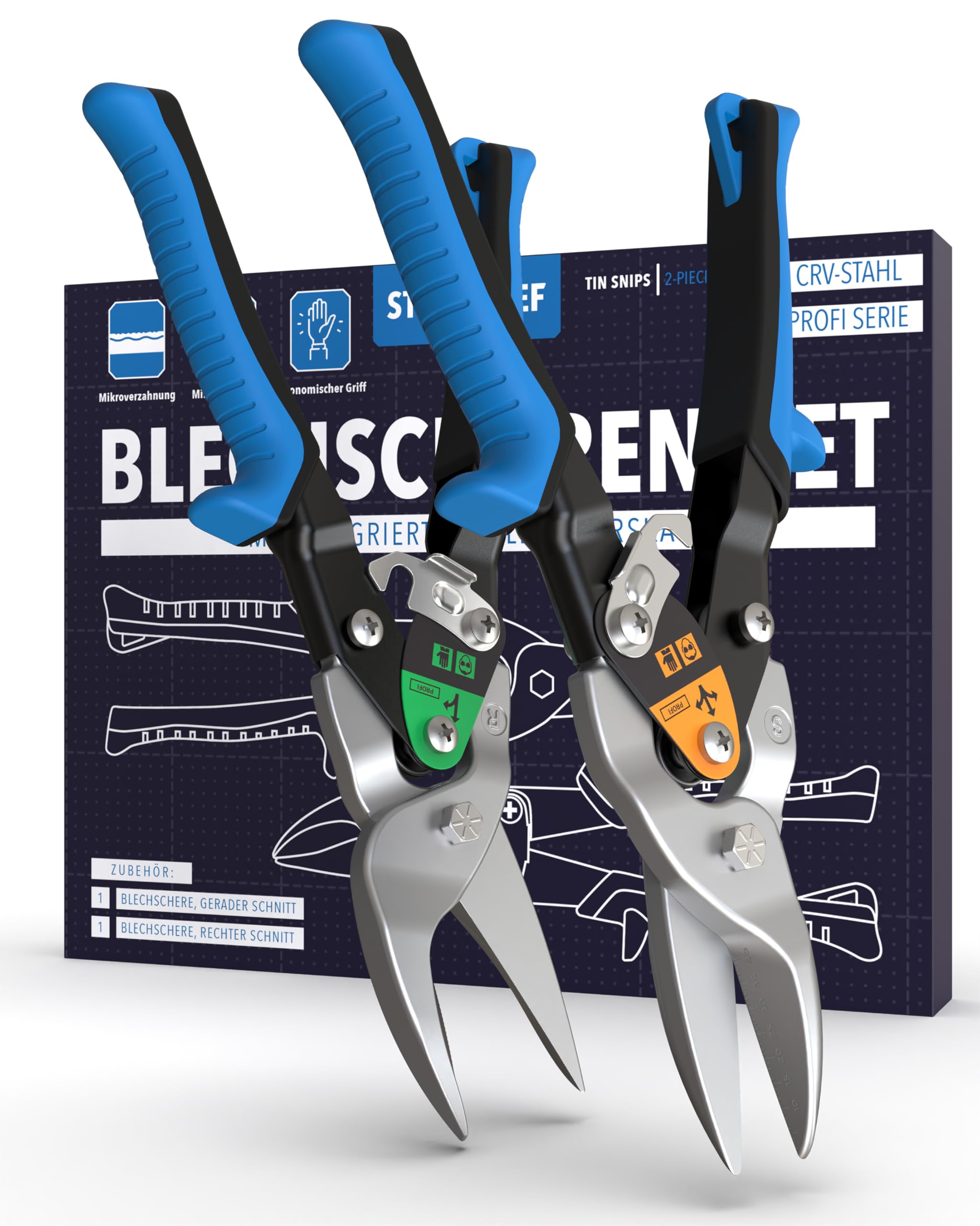 Blechschere Set gerader- & rechter Schnitt - [int. Millimeterskala] - Metallschere für Trockenbau, Trapezblech, Metall, Drahtschere für Drahtgitter, Blech Schneider, Metallschere, Blech Schneiden