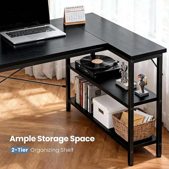 DUMOS 39 L Shaped Computer Desk, Corner Desks with Storage Shelves, Black