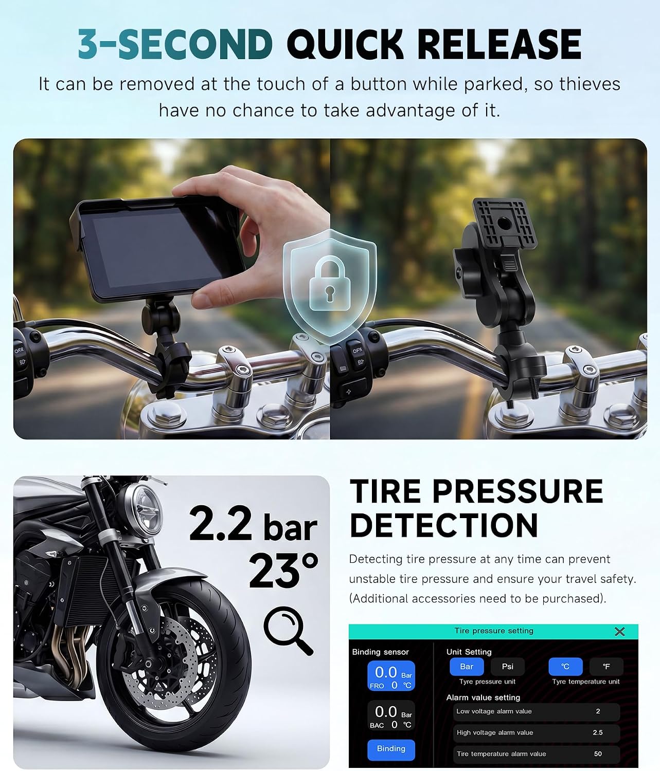 Motorcycle Wirelsss Carplay Android Auto Screen, 5 Inch Wireless CarPlay with Anti-Theft Design Mount, IP68 Waterproof Car Play Moto Touchscreen Dual Bluetooth Portable GPS Navigation