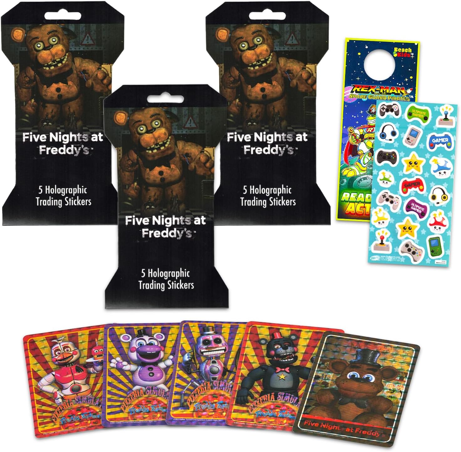 Five Nights at Freddy's Holographic Sticker 3 Pack - Bundle with 3 Five Nights at Freddy's Blind Bags Plus More | Premium Collectible FNAF Character Cards for Kids