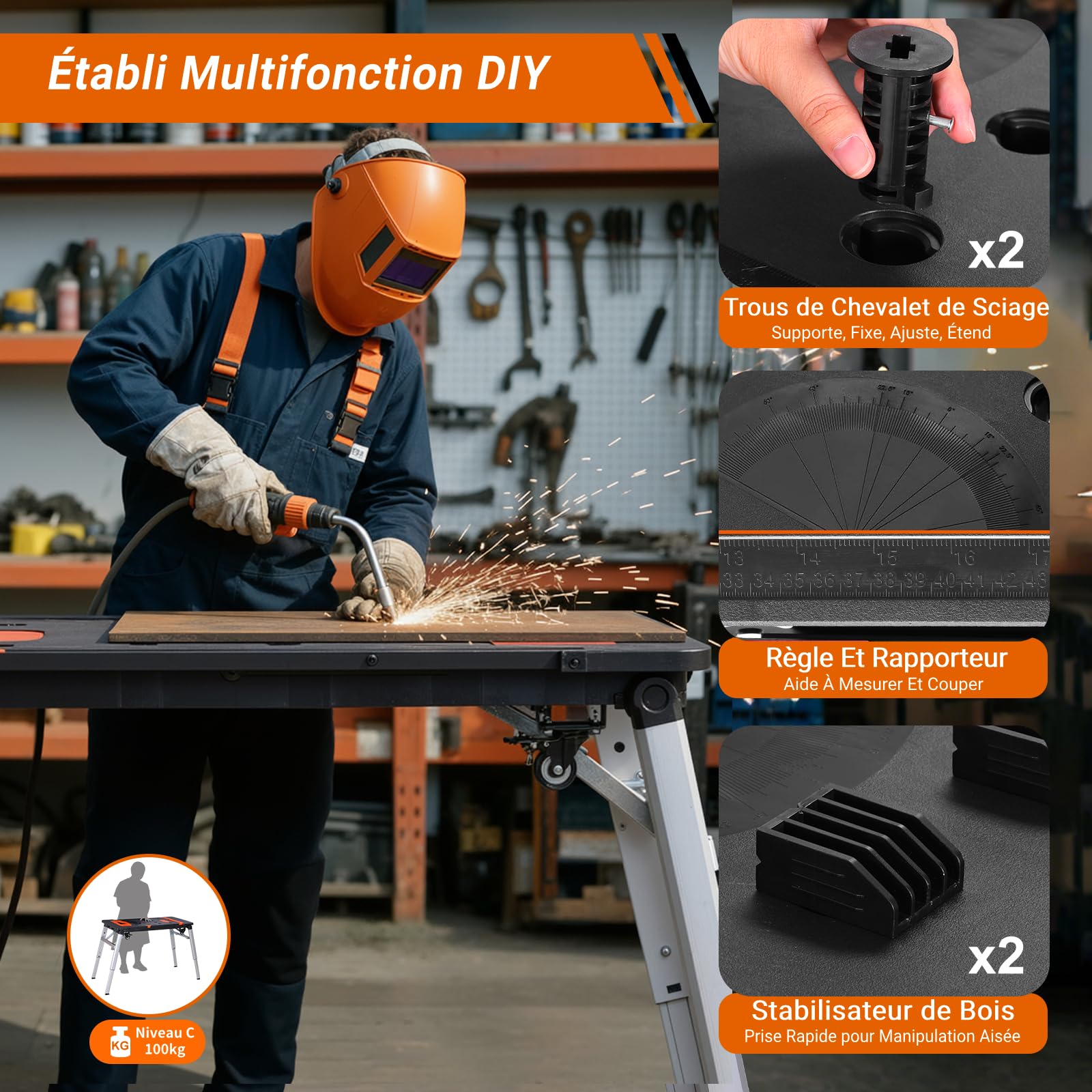 TLGREEN Etabli Pliant 7 en 1,Établi Pliable,Etabli de Travail,Multifonction Plateforme de Travail Hauteur Réglable,Chariot Pliable Portable avec 4 pcs Roues,Échafaudage pour Les Travail de Bricolage