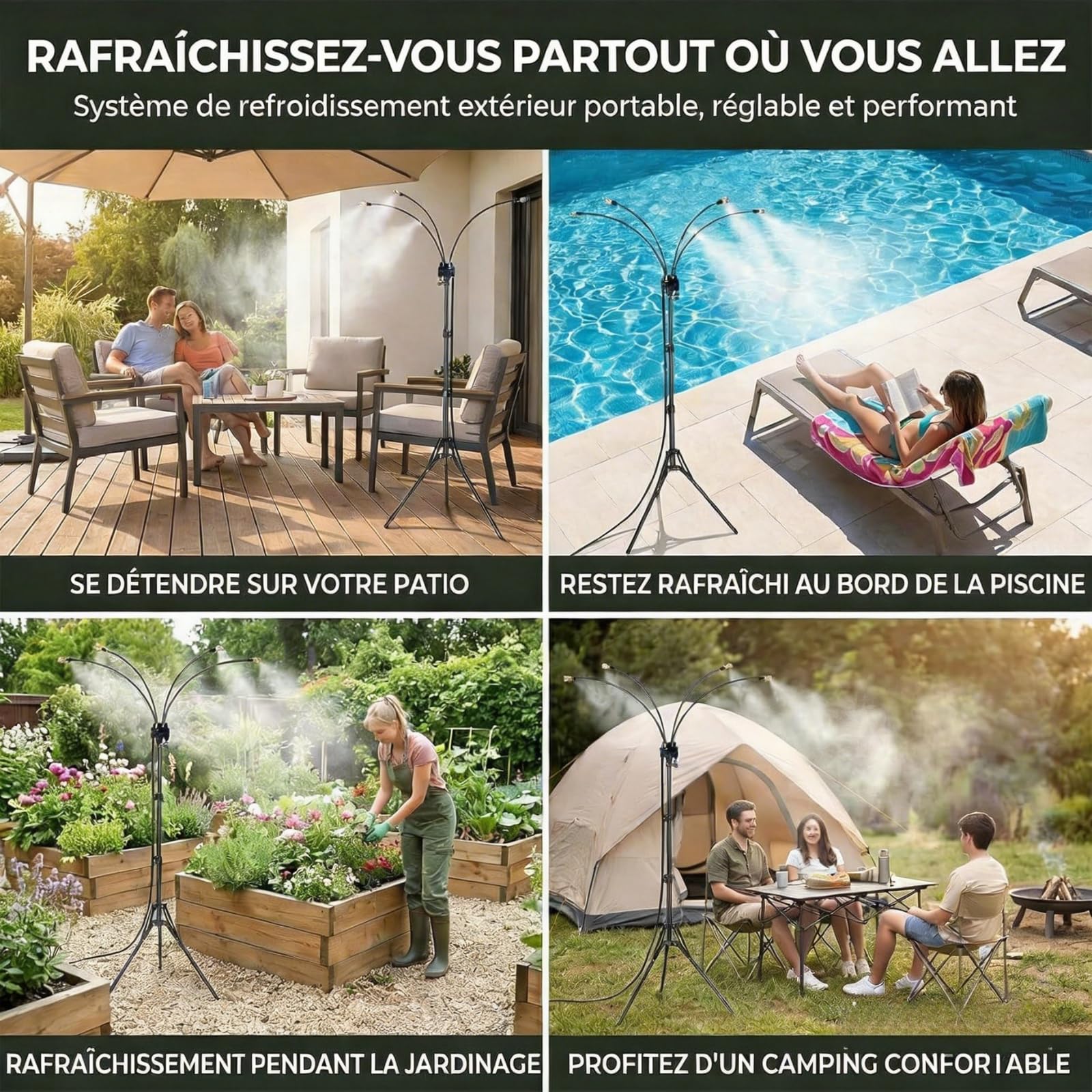 Brumisateur sur Pied, Trépied Hauteur Réglable 110cm, Système de Rafraîchissement pour Terrasse Jardin Piscine, Kit Brumisation Extérieur avec 8m Tuyau, Arroseur Automatique pour Barbecue Animaux