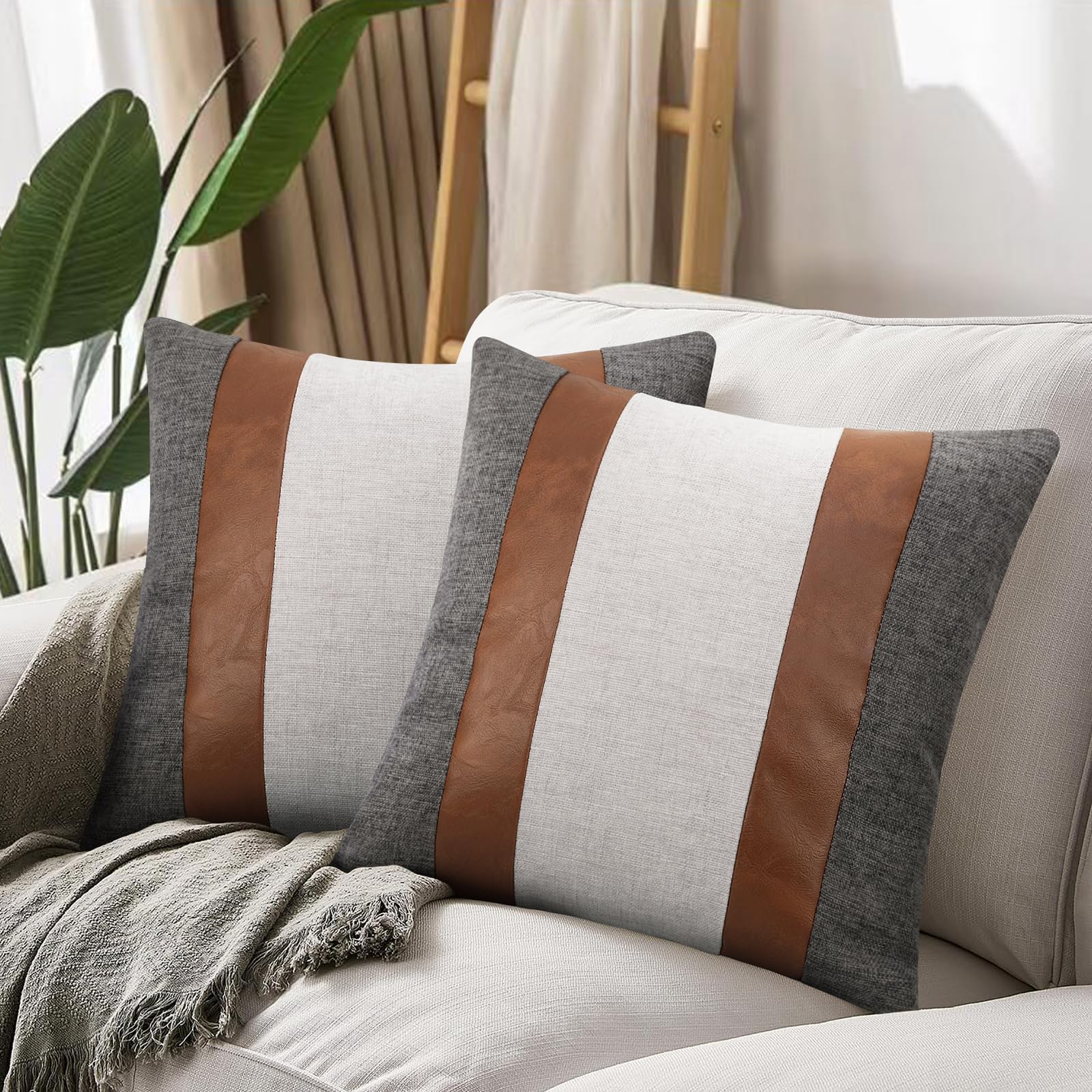 Faux Leather and Linen Throw Pillow Covers 18x18 Inch Patchwork Modern Farmhouse Pillow Covers Gray and Brown Accent Pillows Decorative Pillows for Couch Sofa Bed, Set of 2