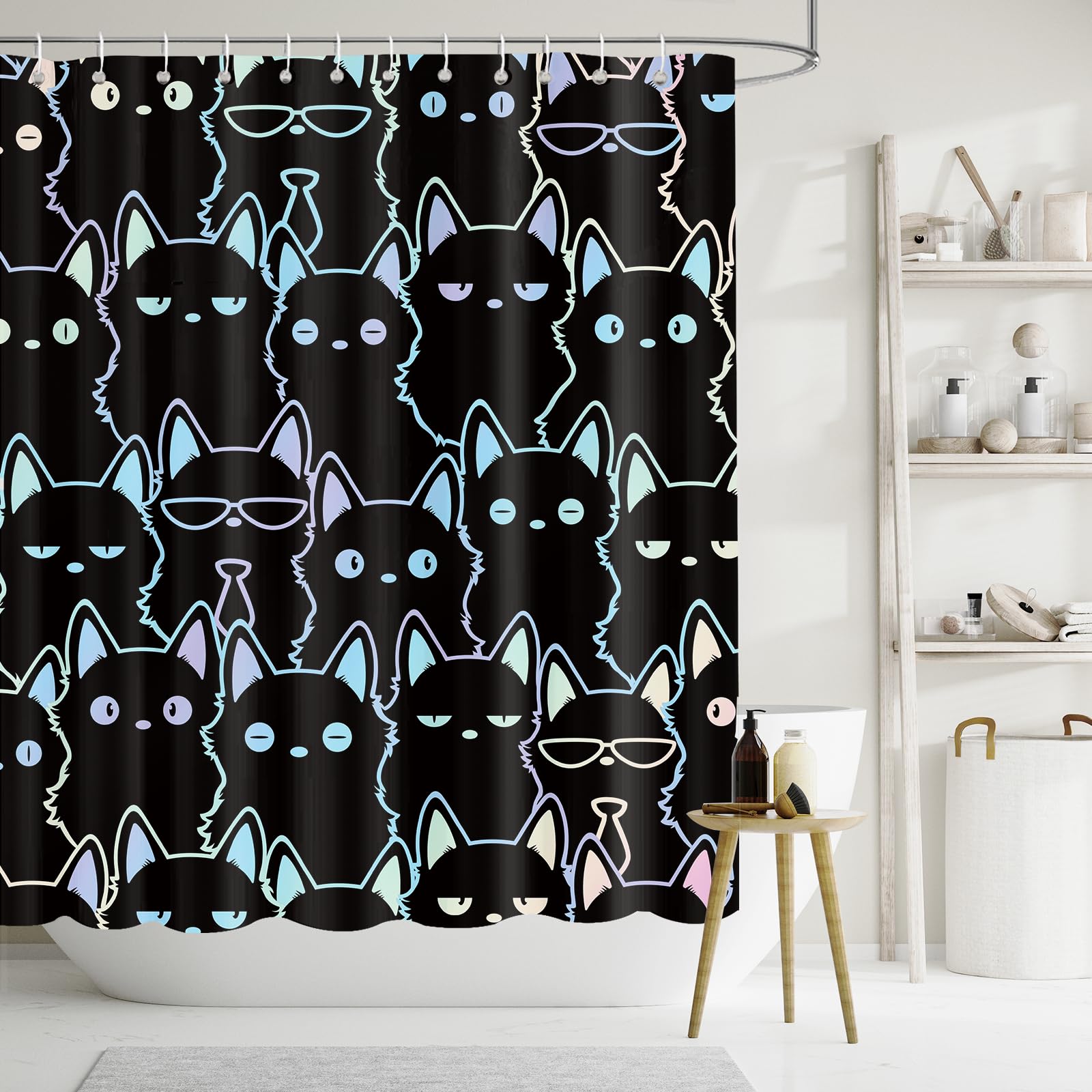 Tenda Da Doccia Con Gatto Nero 182x182 Cm, Simpatico Motivo Animale, Impermeabile Con 12 Ganci Inclusi - Divertente Per Bagno - 2