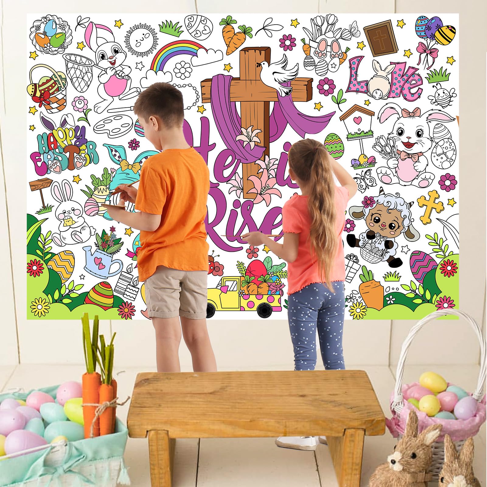 HOWAF Easter He is Risen Coloring Poster with 24pcs Paint Pens,Happy Easter Religious Themed Jumbo Paper Coloring Banner,Jesus Easter Coloring Tablecloth for Kids Easter Party Favors - Image 4