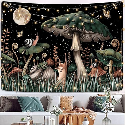 Kanuyee Tapiz de hongos, luna, lindo tapiz para dormitorio, tapiz verde de pared para dormitorio, decoración estética de dormitorio (60 x 80