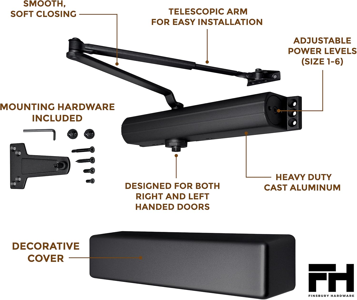Finsbury Commercial Black Door Closer Automatic Heavy Duty High Traffic Adjustable ANSI/BHMA Grade 1 Standard, UL Listed ADA Compliant Hydraulic Backcheck Delayed Action Latch Speed 1-6 Power (Black)