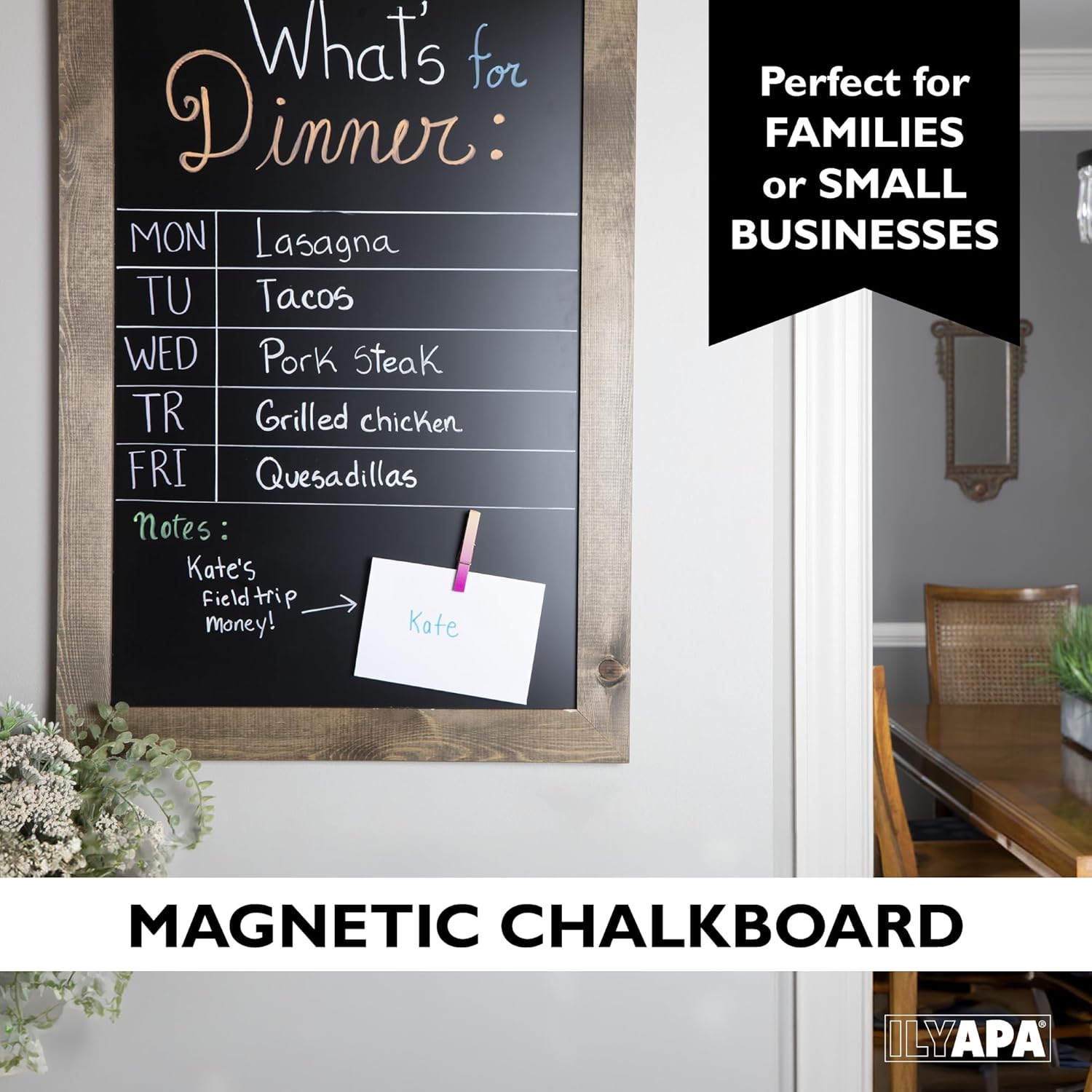 Ilyapa Extra Large Black Magnet Board for Wall - 58 x 25 Inch Wood Wall Hanging Menu for Restaurant, Food Truck, Kitchen or First Day, Barnwood Color
