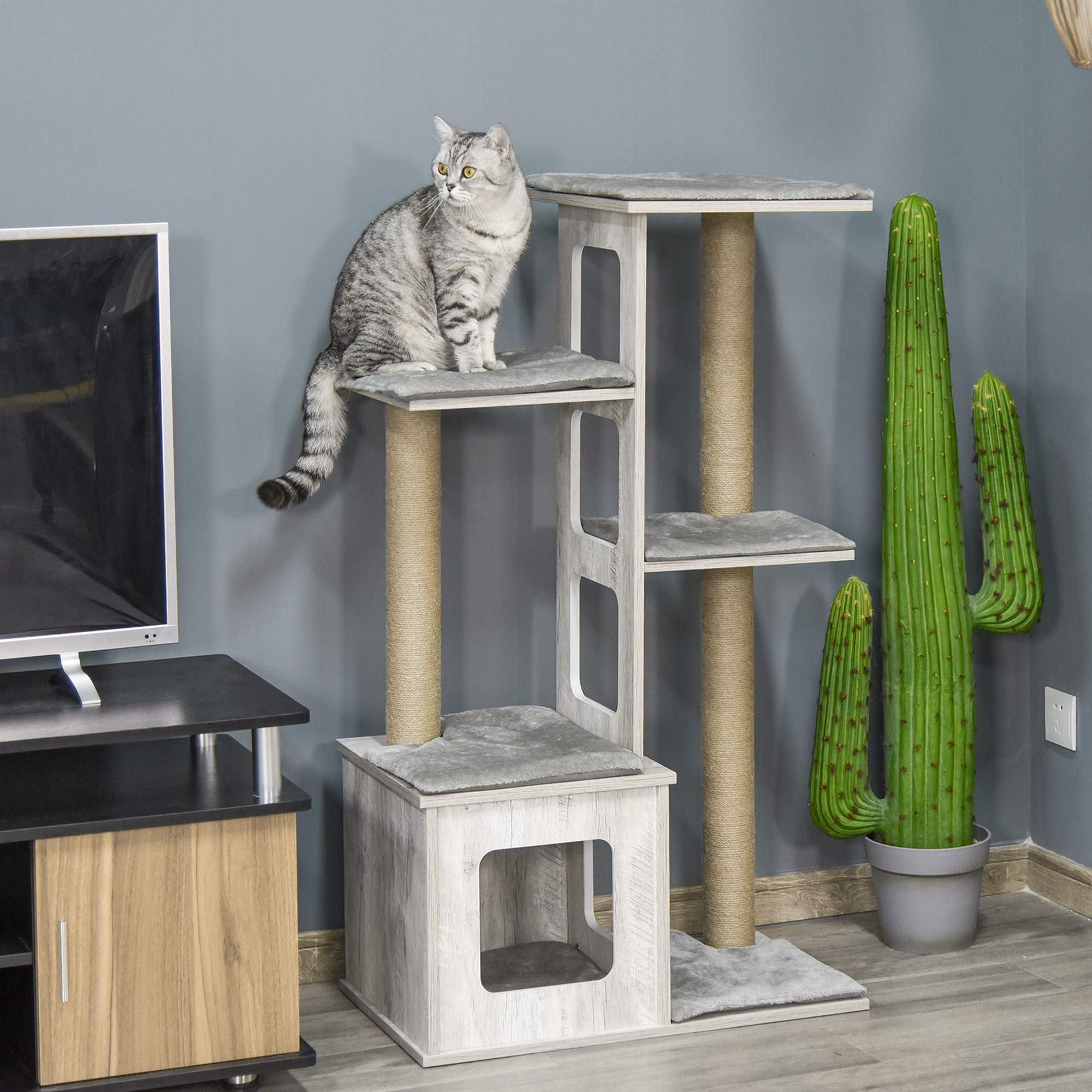 PawHut Árbol Rascador para Gatos con Cueva de Madera 67x38,5x114 cm Gris | Torre de Escalada de Gatos, Múltiples Plataformas, Postes de Rascar de Yute, Juego y Descanso
