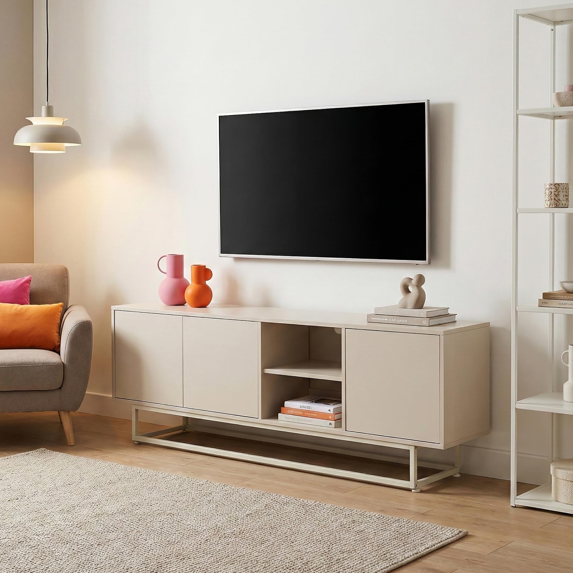 [en.casa] Lowboard Boxholm z 3 drzwiami 160 x 30 x 57 cm, kolor piaskowy | Kredens, szafka pod telewizor, komoda push-to-open, 2 przegródki, metalowa rama, regulowana, do salonu, jadalni, biura