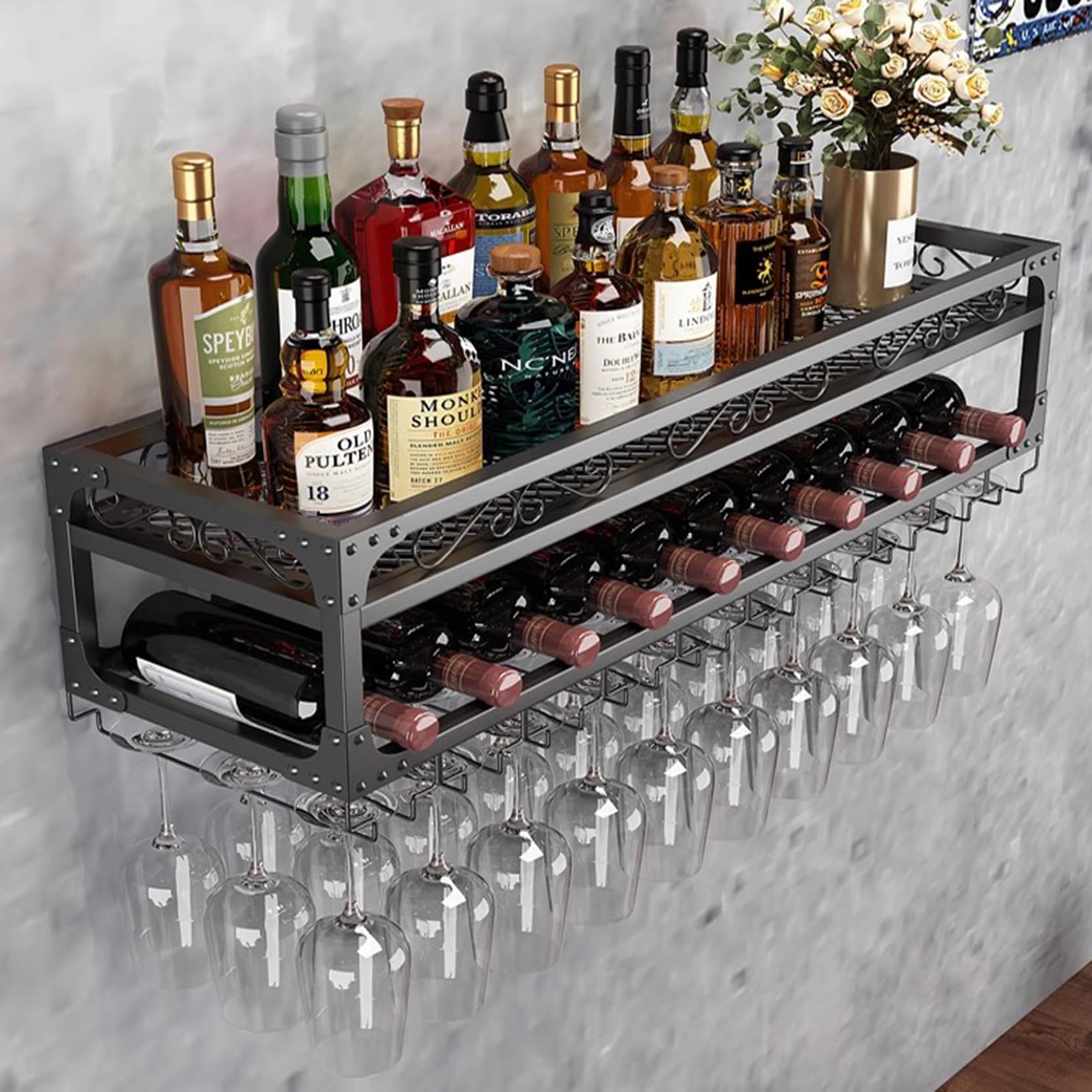 Porte-bouteilles muraux avec cintre verres étagère cuisine bar
