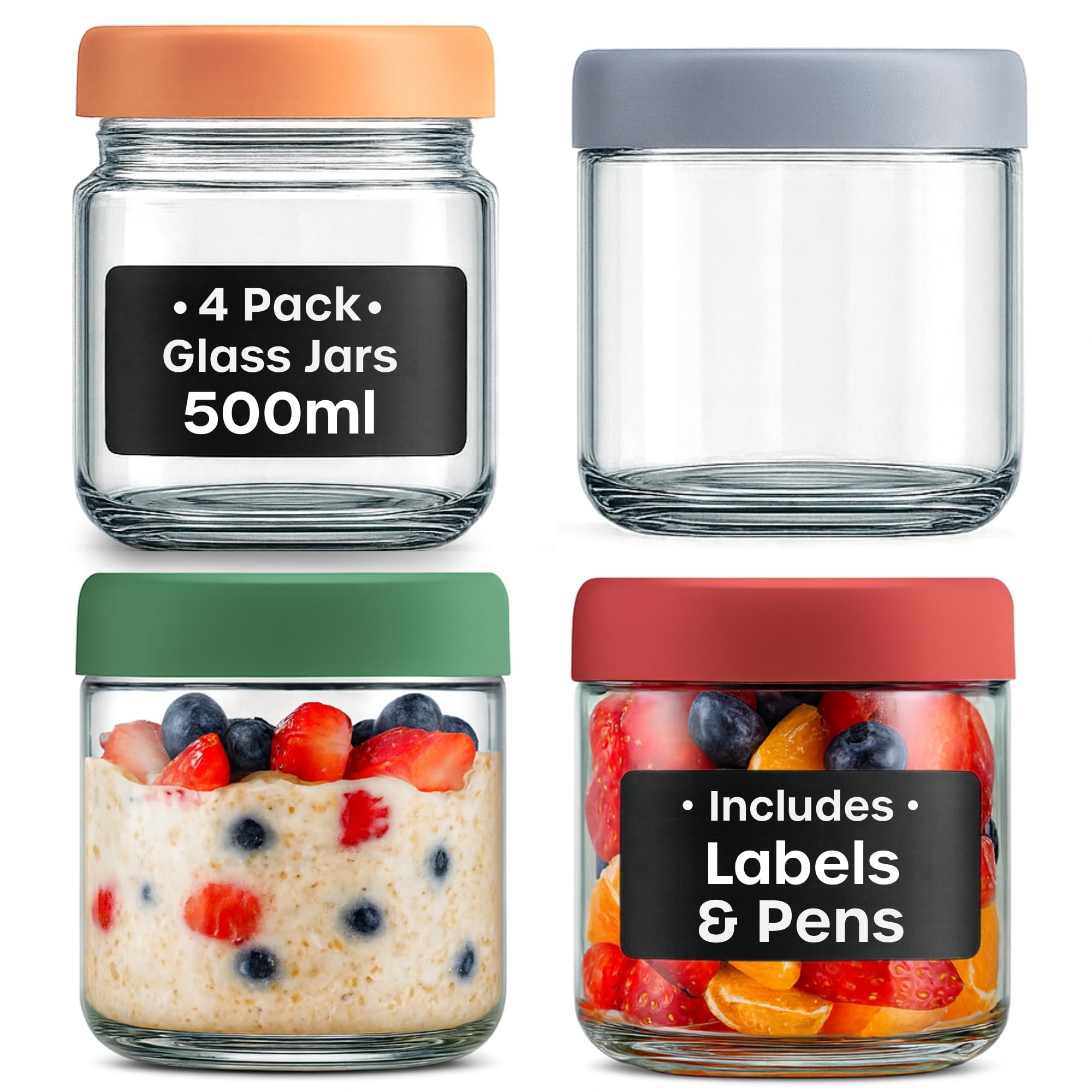 volila Overnight Oats Jar - 4 Pack 500ml Mason Jars with Lids, Black Labels, and Pen - Reusable Airtight Glass Jars for Salad, Dressing, Yogurt, Sauce, Cereal, and Food Storage