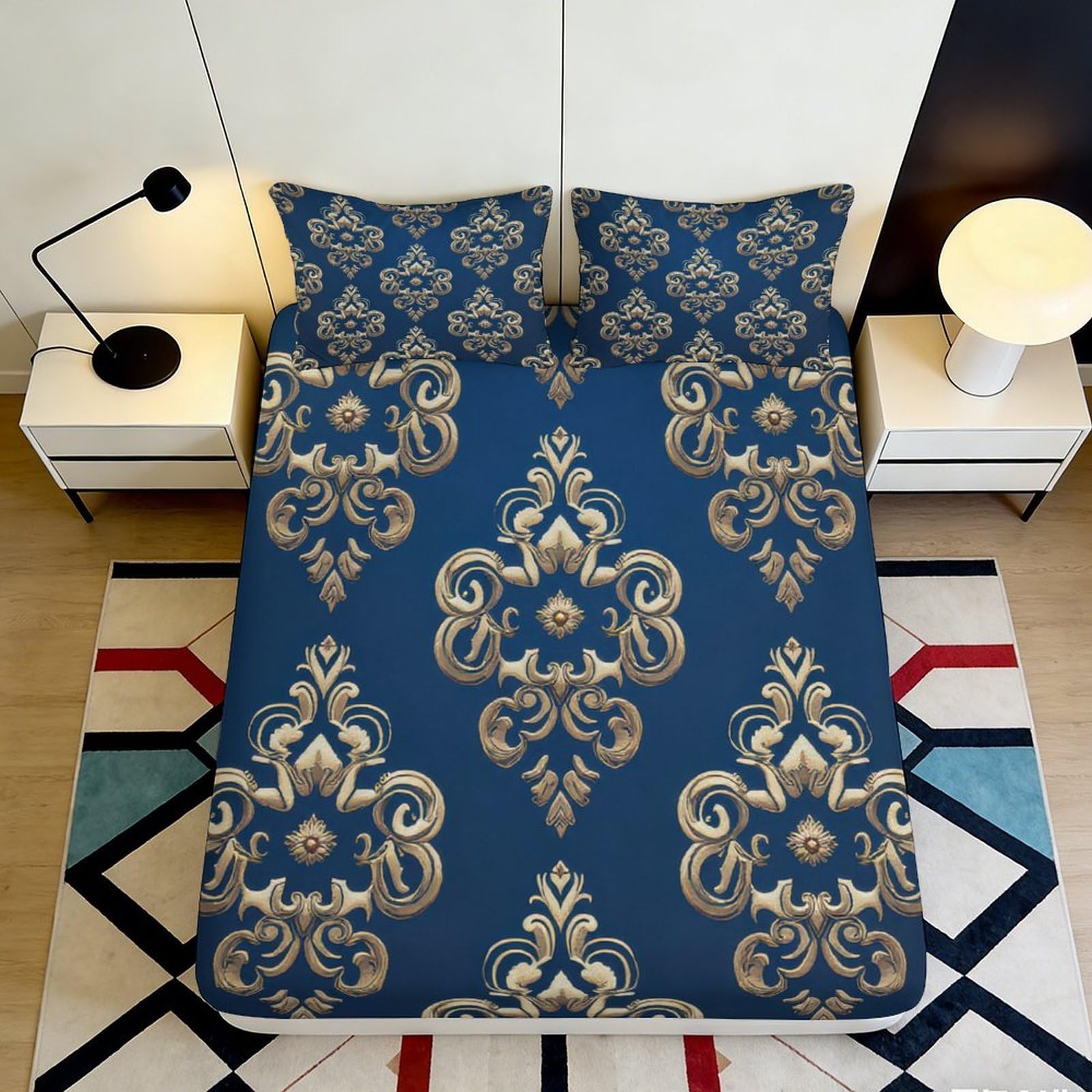 3D Printed Royal Blue Baroque Fitted Sheet Microfiber Soft Gold Ornate Bed Cover for Bedroom Guestroom Mattress Decor 90x200x25cm