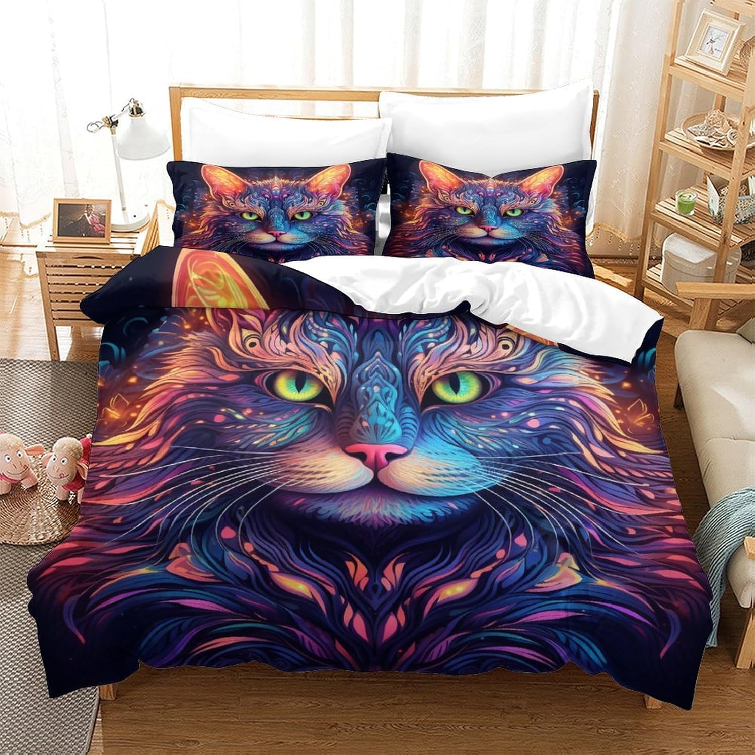 Housse de couette 260x230 cm chat animalier pour en finir avec la couette qui glisse