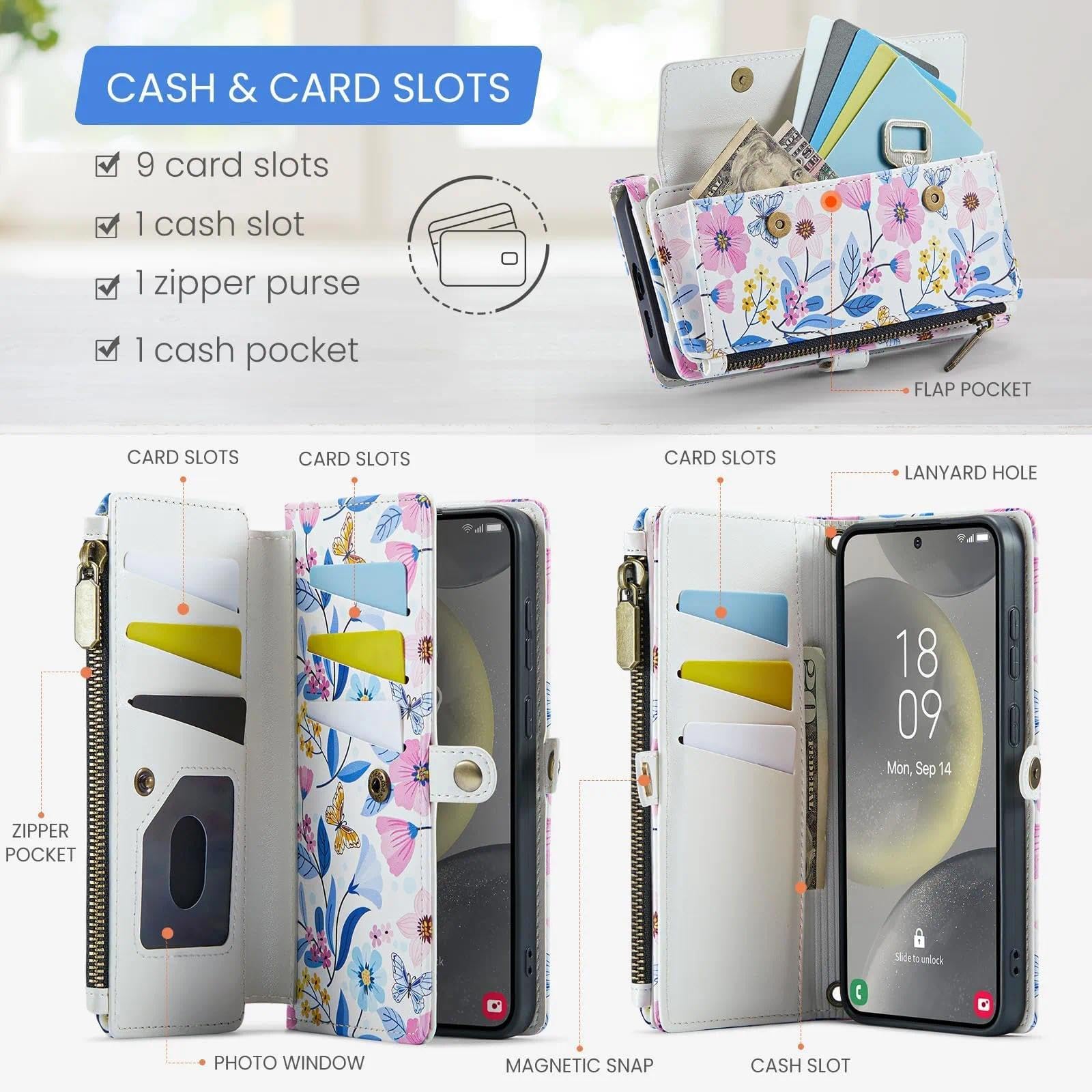 Custodia a portafoglio per Samsung Galaxy S26 Plus con blocco RFID, disegno colorato, in pelle PU, chiusura magnetica, chiusura a cerniera, custodia per telefono adatta per Galaxy S26+, fiori