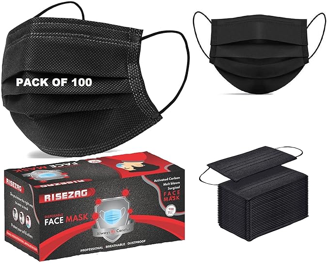 Risezag Black Surgical mask pack of 100 Pieces Disposable Face Masks 3 ply layer with nose clip Meltblown Ultrasonic Use and Throw Masks Pack of 100 Pcs Pin Disposable Adults Kids Face Mask 100 Black