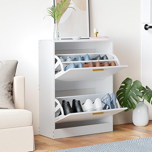 Miniatura 7 de RESOM Armario de zapatos con 2 cajones abatibles, estante estrecho de almacenamiento de zapatos, moderno organizador de zapatos para entrada (blanco)