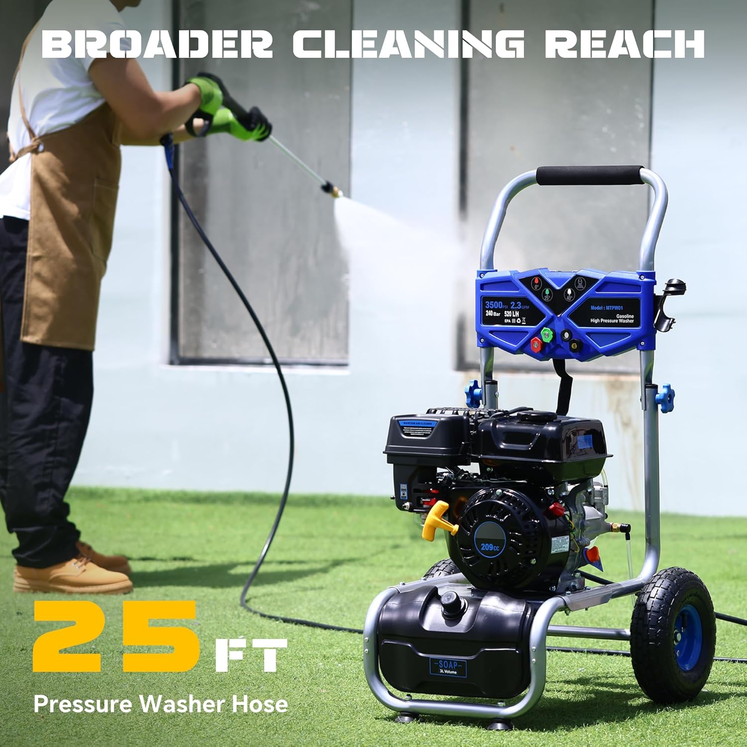 Portable Pressure Washer Gas Powered 3500 PSI 2.3 GPM, 209CC Engine Gas Pressure Washer with 25FT Hose & 4 Quick-Connect Multi-Angle Nozzle, High Pressure Washer for Outdoor Cleaning（Blue）