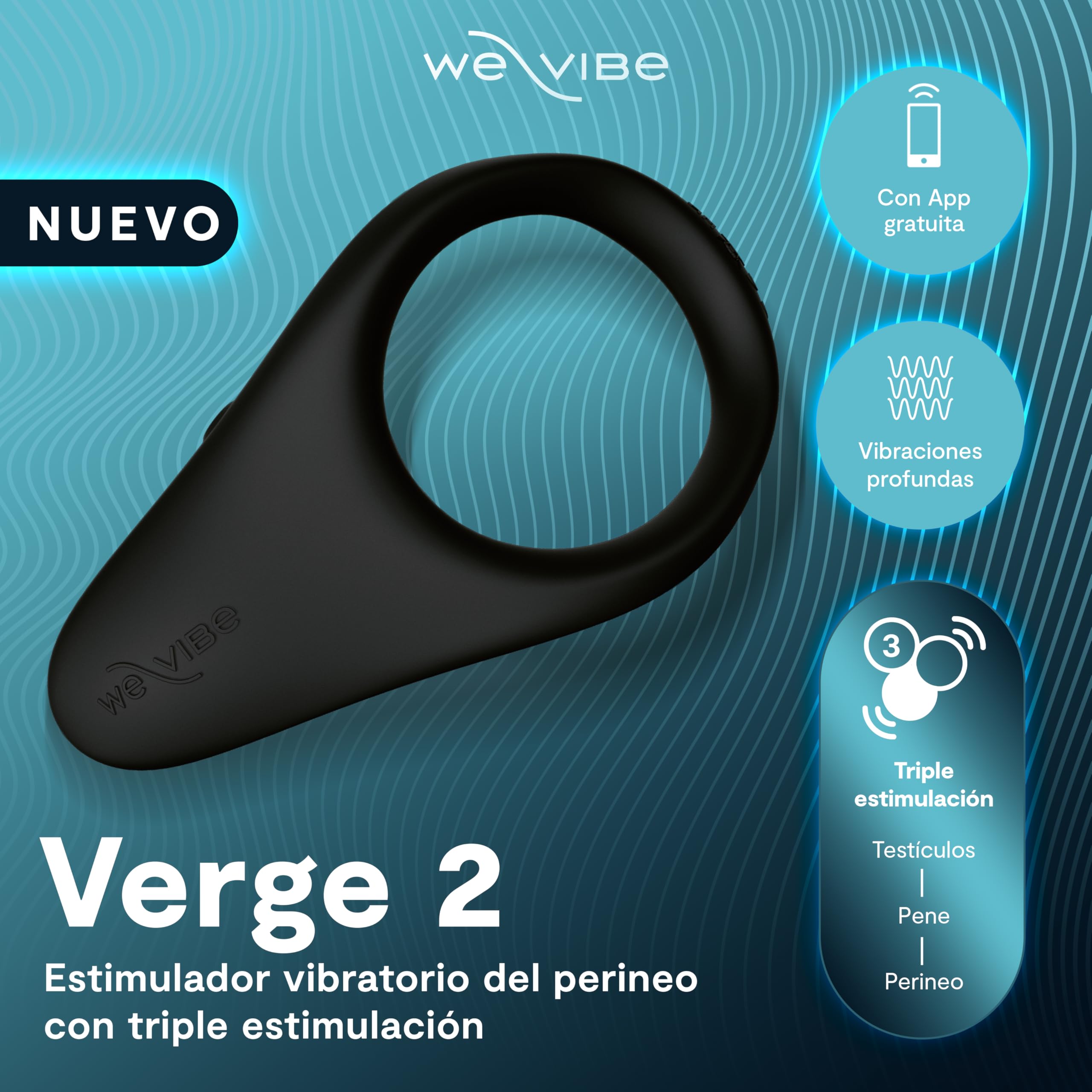 We-Vibe Verge 2 Anillo Vibrador Pene Impermeable Clítoris App para Hombres | Impermeable, silicona suave, control por app, silencioso, motor potente, diseño discreto, uso cómodo