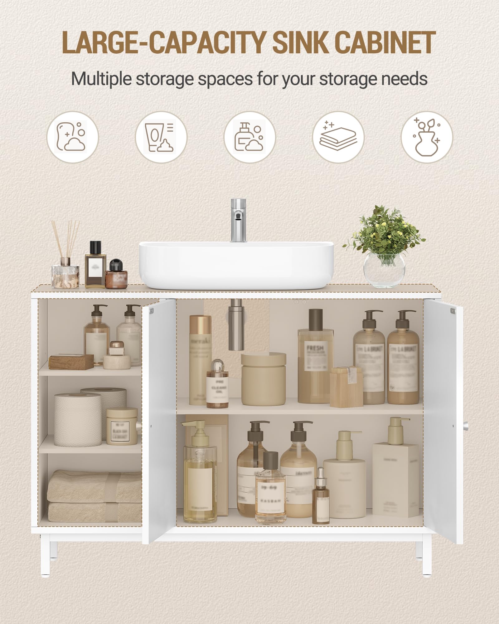 Hzuaneri Mobile Sottolavabo per Bagno, Mobiletto da Bagno, con 2 Ante 2 Scompartimenti, Scomparto Regolabile, Ampio Spazio di Archiviazione, Stile Moderno, 30 x 90 x 63 cm, Bianco BC09803W