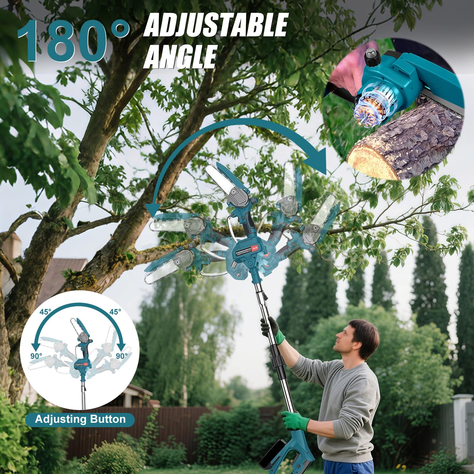 Mini Tronconneuse avec Perche 6 Pouces & Secateur Electrique Telescopique 25 mm, 4 en 1 Perche Élagueuse Télescopique Électrique avec 2 * 3000 mAh Batteries, Portée Maximale 4,2 m