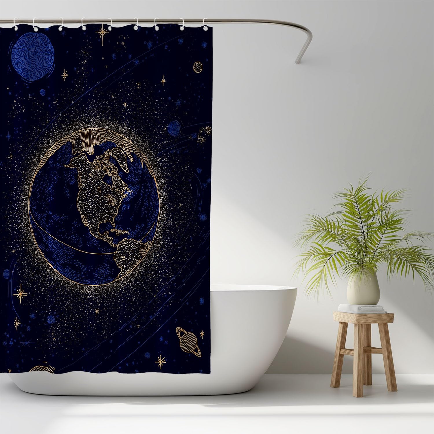 Generico Fantasia Tenda Da Doccia Misterioso Spazio Terra Blu Oro, Tenda Da Doccia Per Bagno, Vasca Da Bagno, Tenda In Poliestere Impermeabile Con Ganci In Plastica, 180 x 200 cm