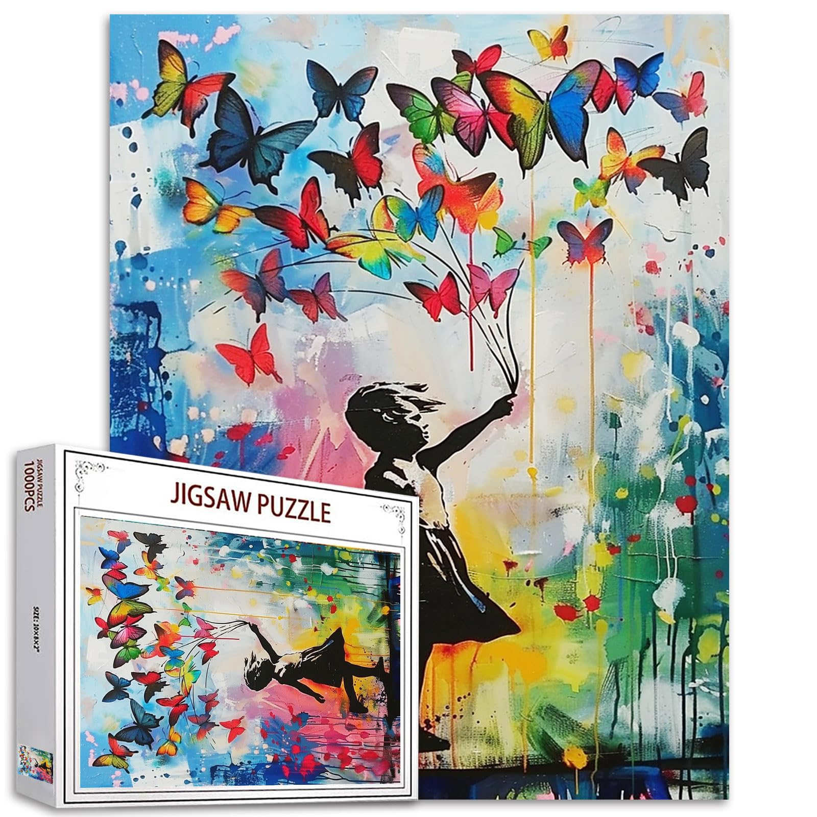 Tucocoo Butterflies Jigsaw Puzzles for Adults 1000 Pieces, Little Girl Banksy Street Art Style Jigsaw Puzzle Colorful DIY Puzzles for Home Decoration Gifts, Family Puzzle Perfect for Game Nights