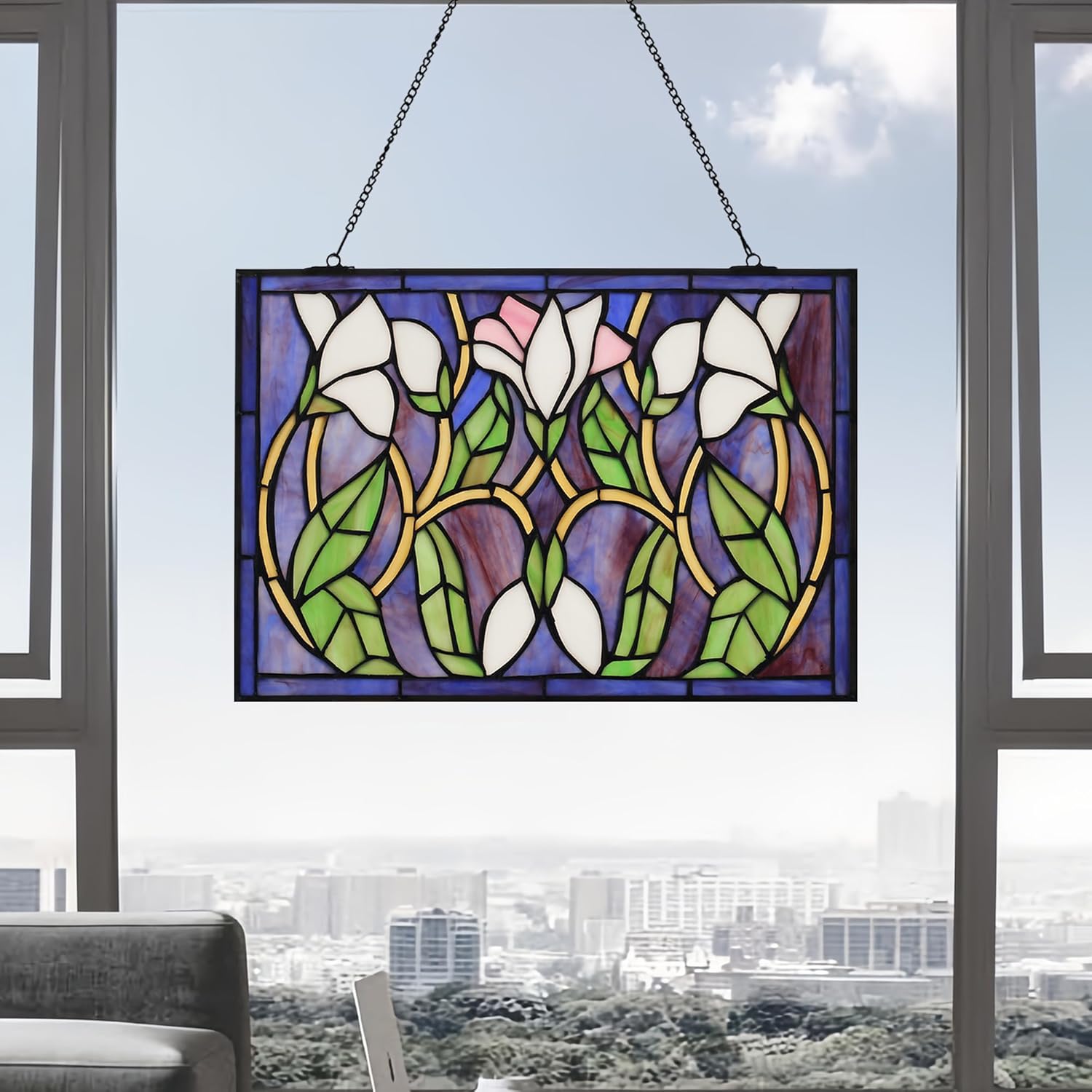 Rectangular Stained Glass Window Hanging Tiffany Style Handmade 16" X 11" Transom Window Panel Housewarming Gift Living Room Bedroom Kitchen Window Decor Hangings with Chain (Lily)