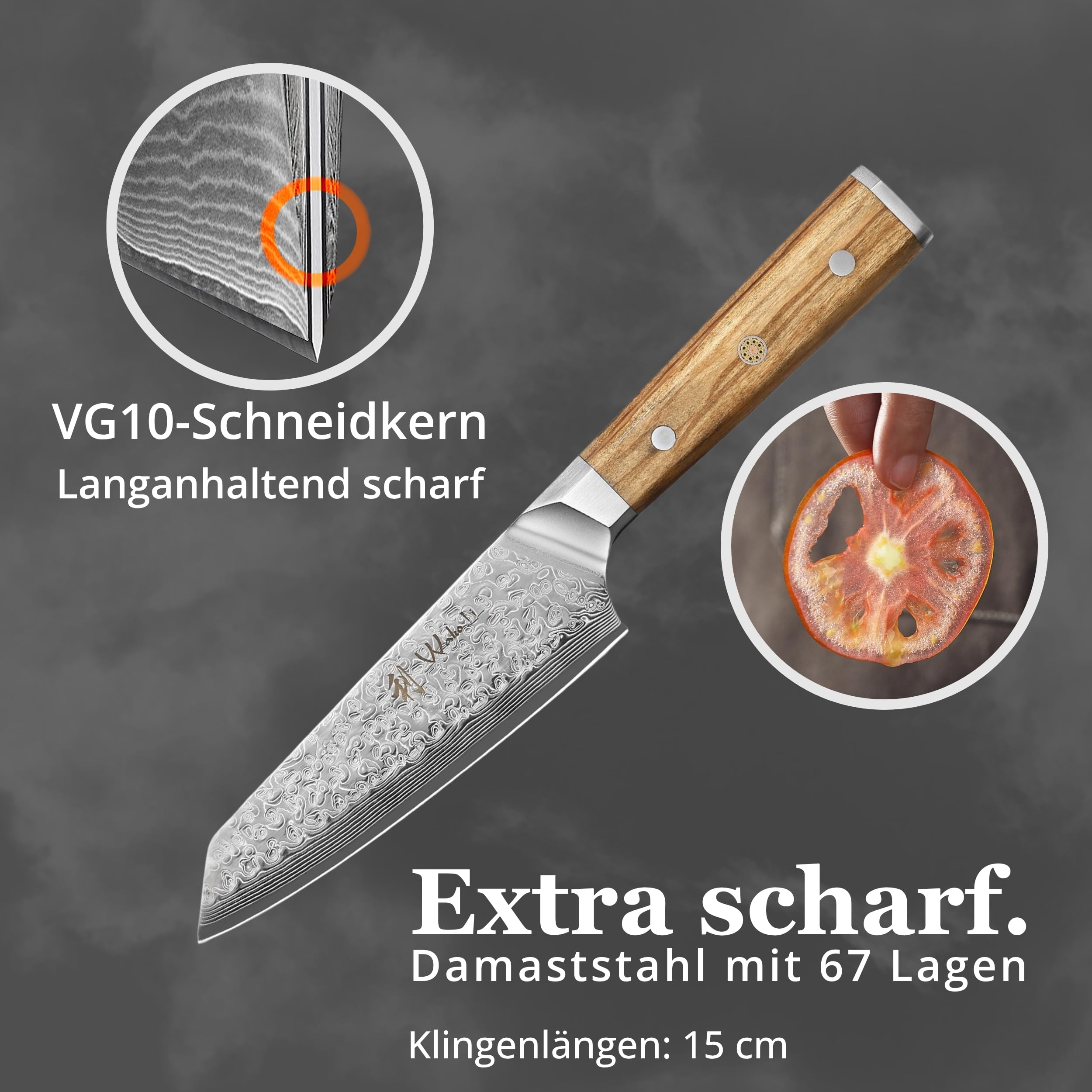 Wakoli Oribu Kleines Chefmesser 15 cm aus 67 Lagen Damaststahl, VG10 Kern
