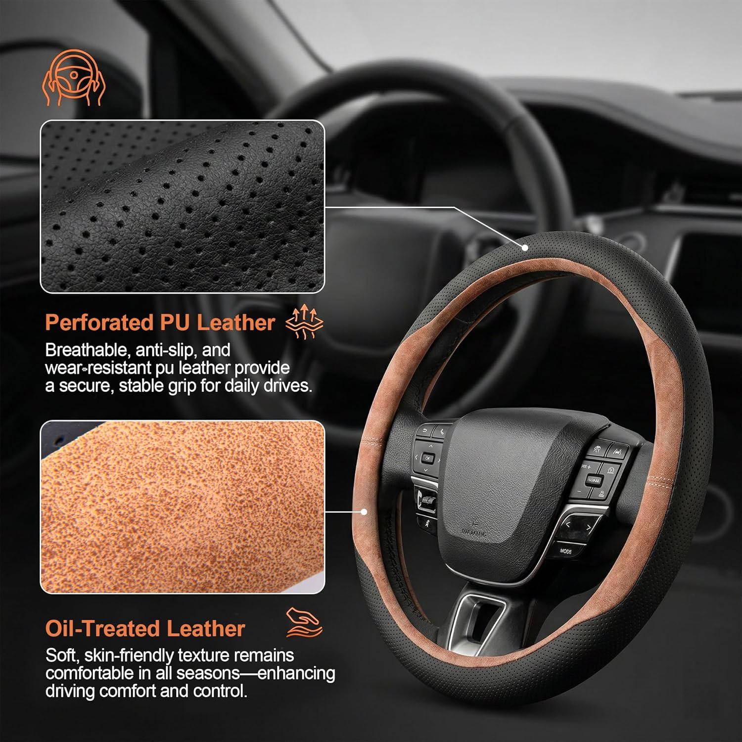 West Llama Customized Auto Car Steering Wheel Cover for Chevy Silverado 1500, 2500, 3500,14.5-15 inch (Brown - Standard Size)