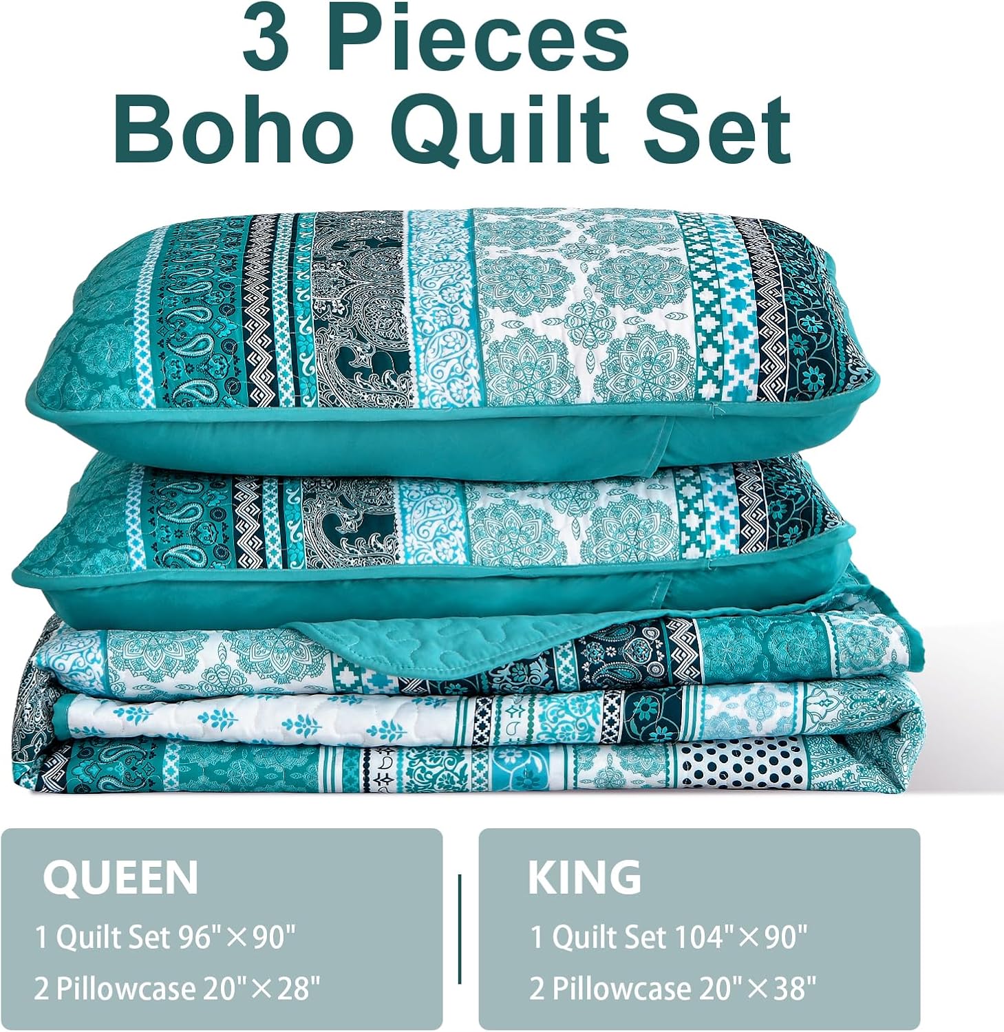 WONGS BEDDING Boho Quilt Set Queen Size, Teal 3 Pieces Bohemian Striped Patchwork Bedspread Coverlet, Lightweight Soft Microfiber Bedding Set for All Season (96"x90") - Image 7