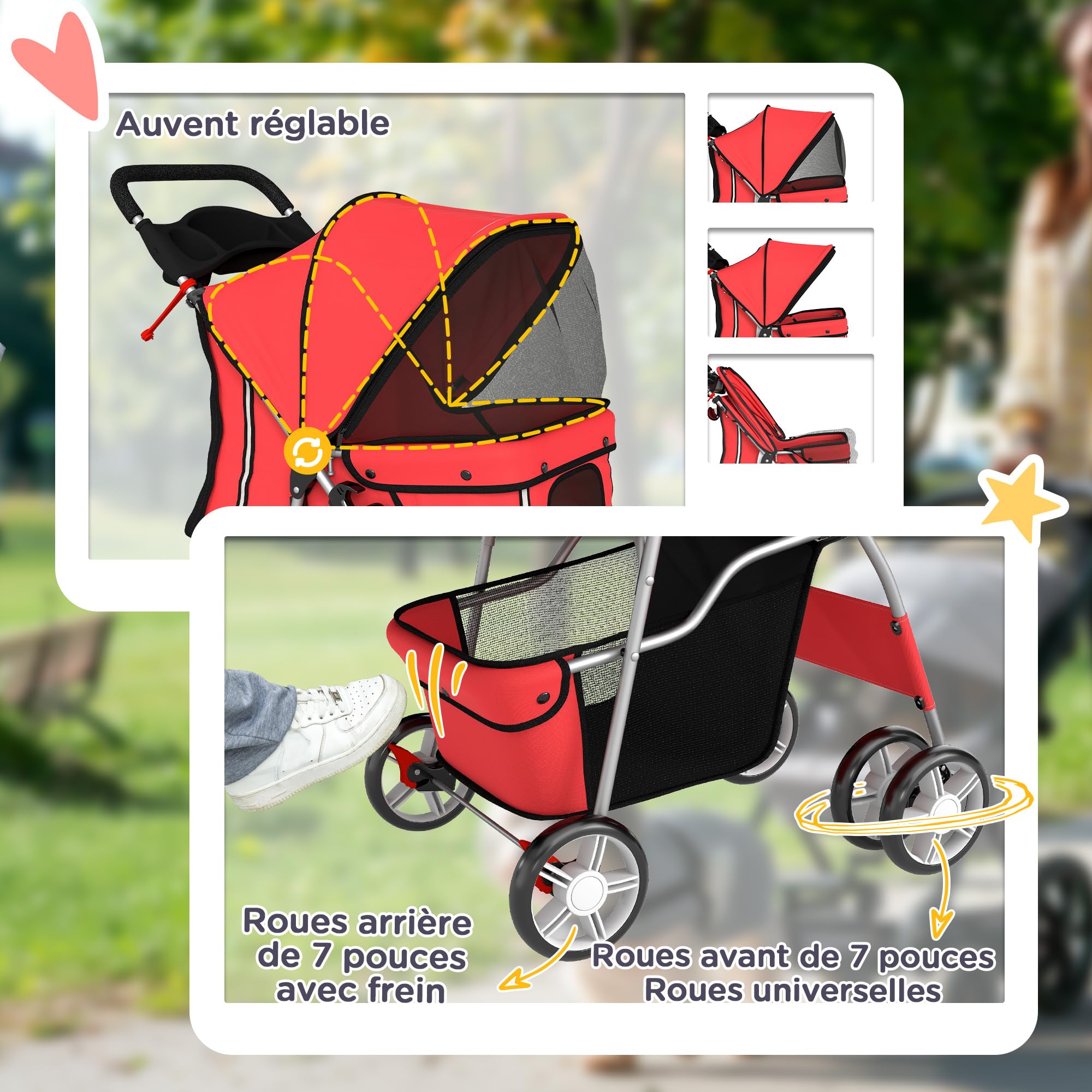 Poussette Buggy Pliable Animaux, Chariot Pliante Imperméable pour Chien et Chat, Toit Amovible Incluse, Porte-Gobelet, Panier de Rangement, Roues avec Frein, Tissu 600D Oxford, Acier, Rouge